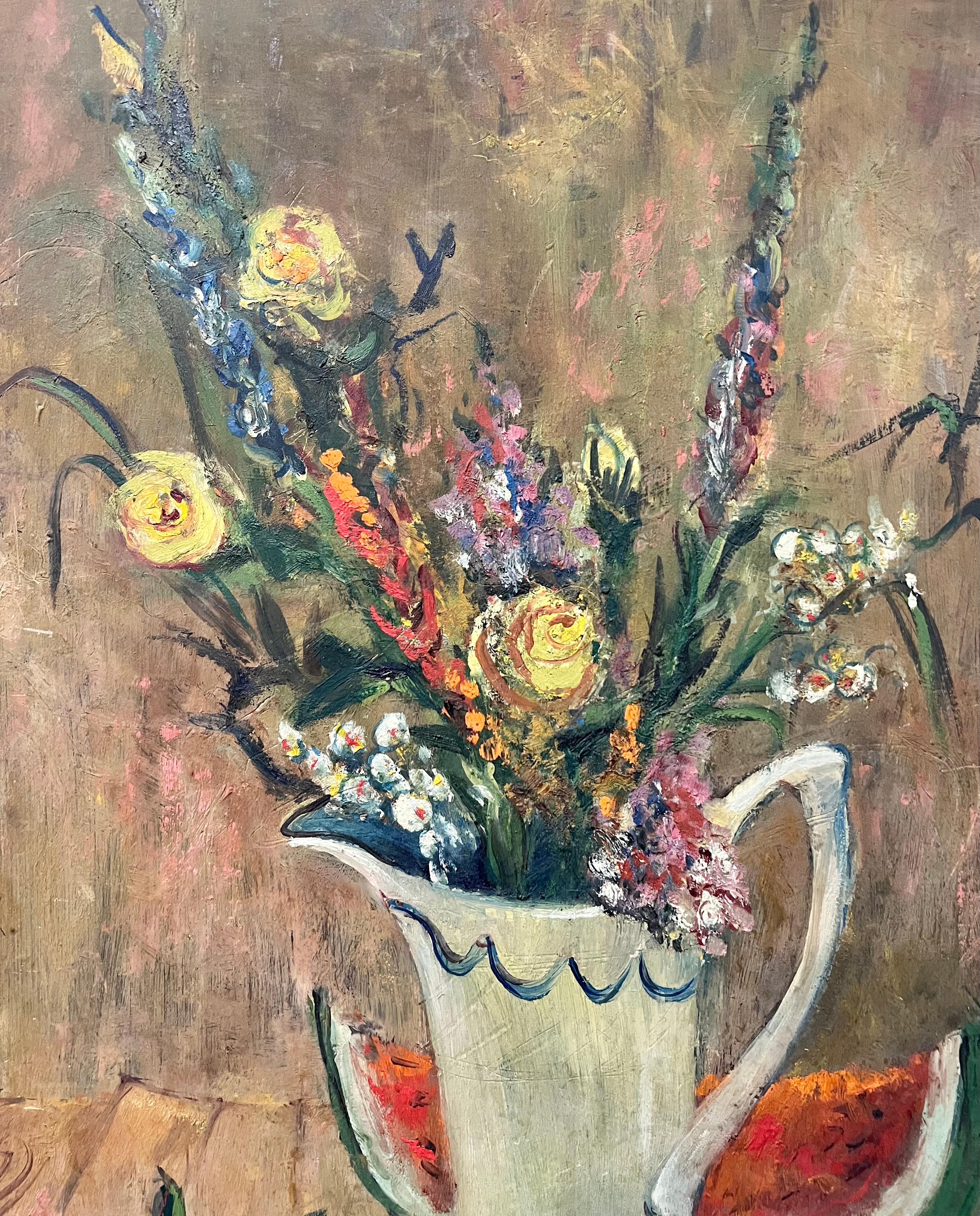 FAUVIST Still Life Flowers Fruits FEMALE American Modernist Post Impressionist - Post-Impressionist Painting by Jane Wilson