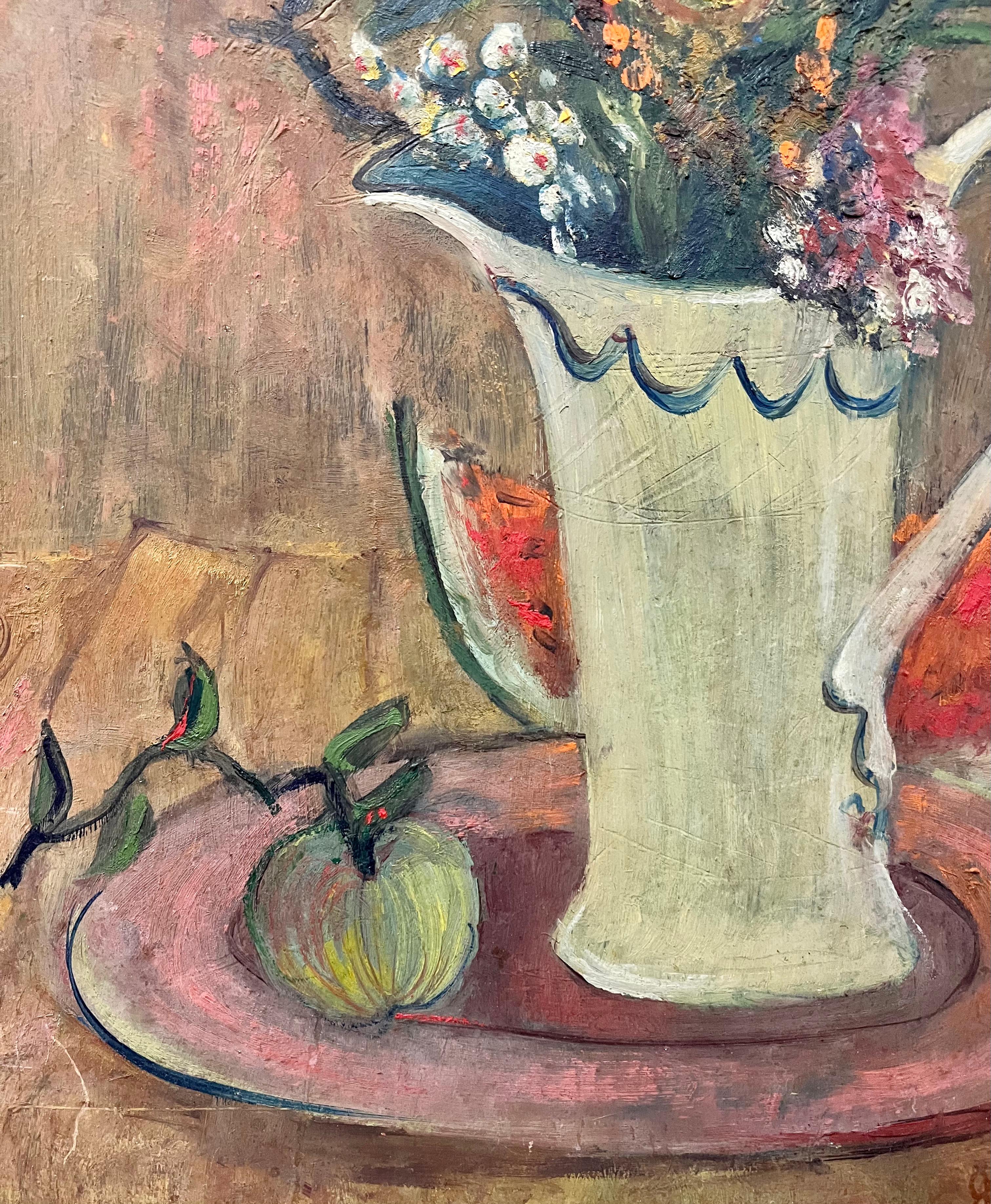 FAUVIST Still Life Flowers Fruits FEMALE American Modernist Post Impressionist - Post-Impressionist Painting by Jane Wilson