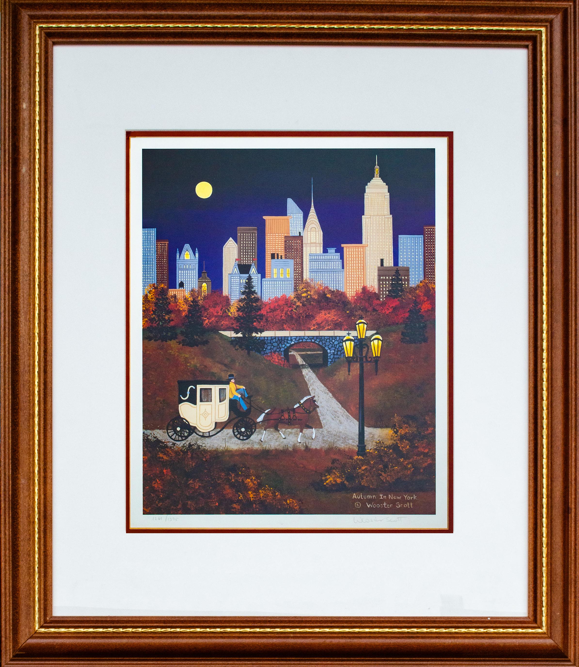 Jane Wooster Scott (américaine, née en 1920)
Automne à New York, c. C. C.
Lithographie
Vue : 15 x 12 in.
Encadré : 27 3/4 x 23 3/4 x 1 in.
Signé et titré en bas à droite dans la plaque : Autumn in New York (c) Wooster Scott.
Signé au crayon en bas à