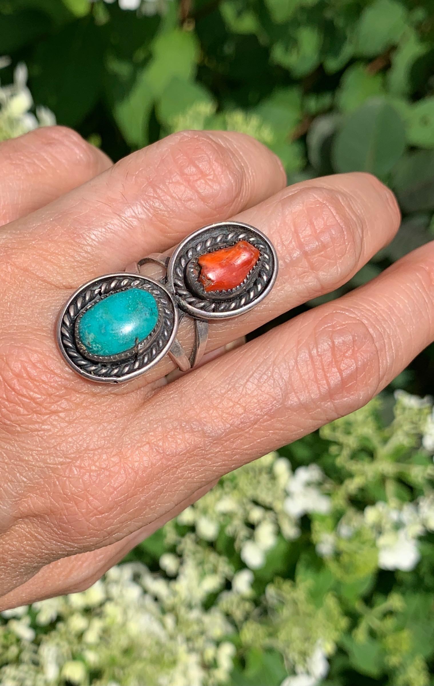 Women's or Men's Jane Yikaazba Popovitch Navajo Native American Silver Coral and Turquoise Ring For Sale