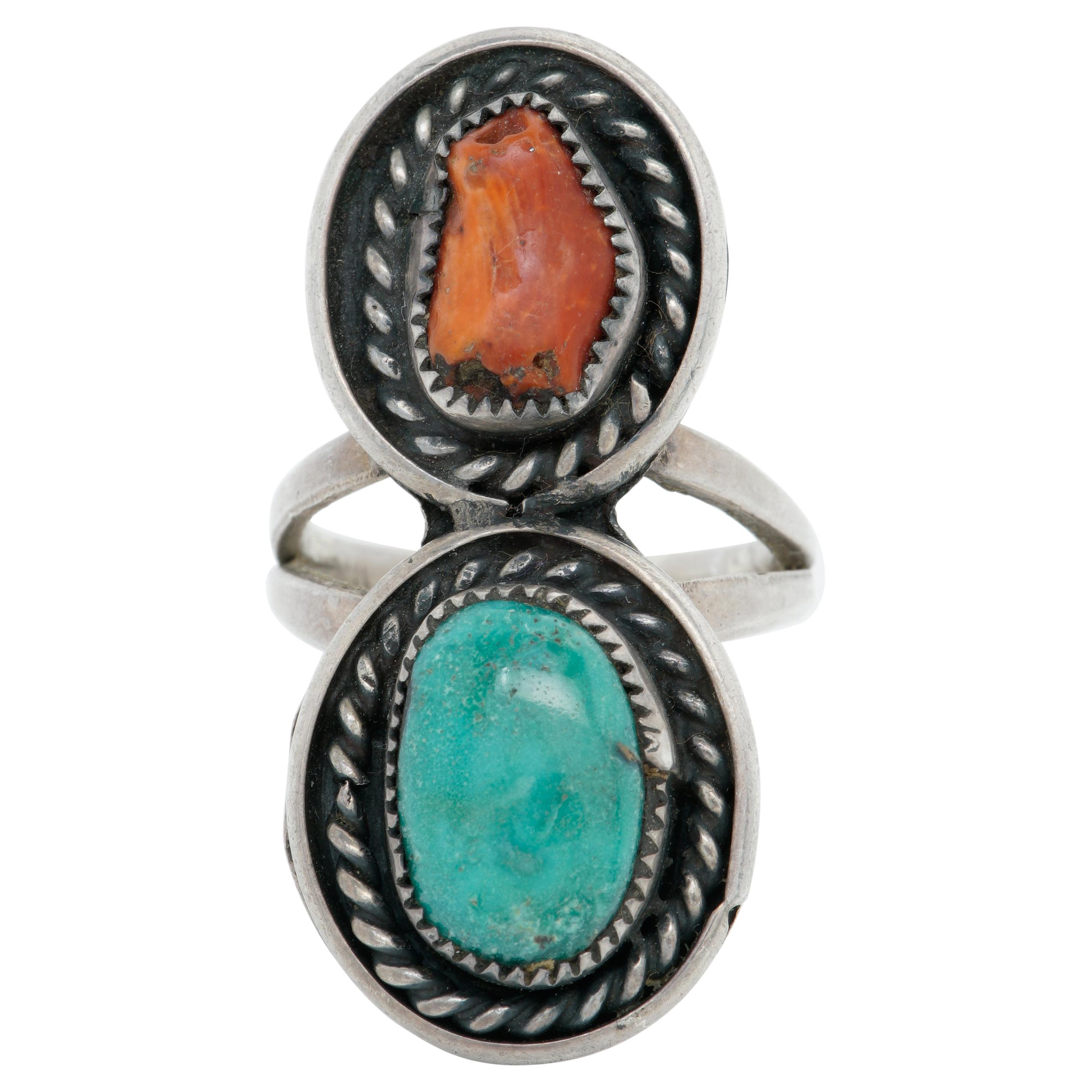 Jane Yikaazba Popovitch Navajo Native American Silver Coral and Turquoise Ring