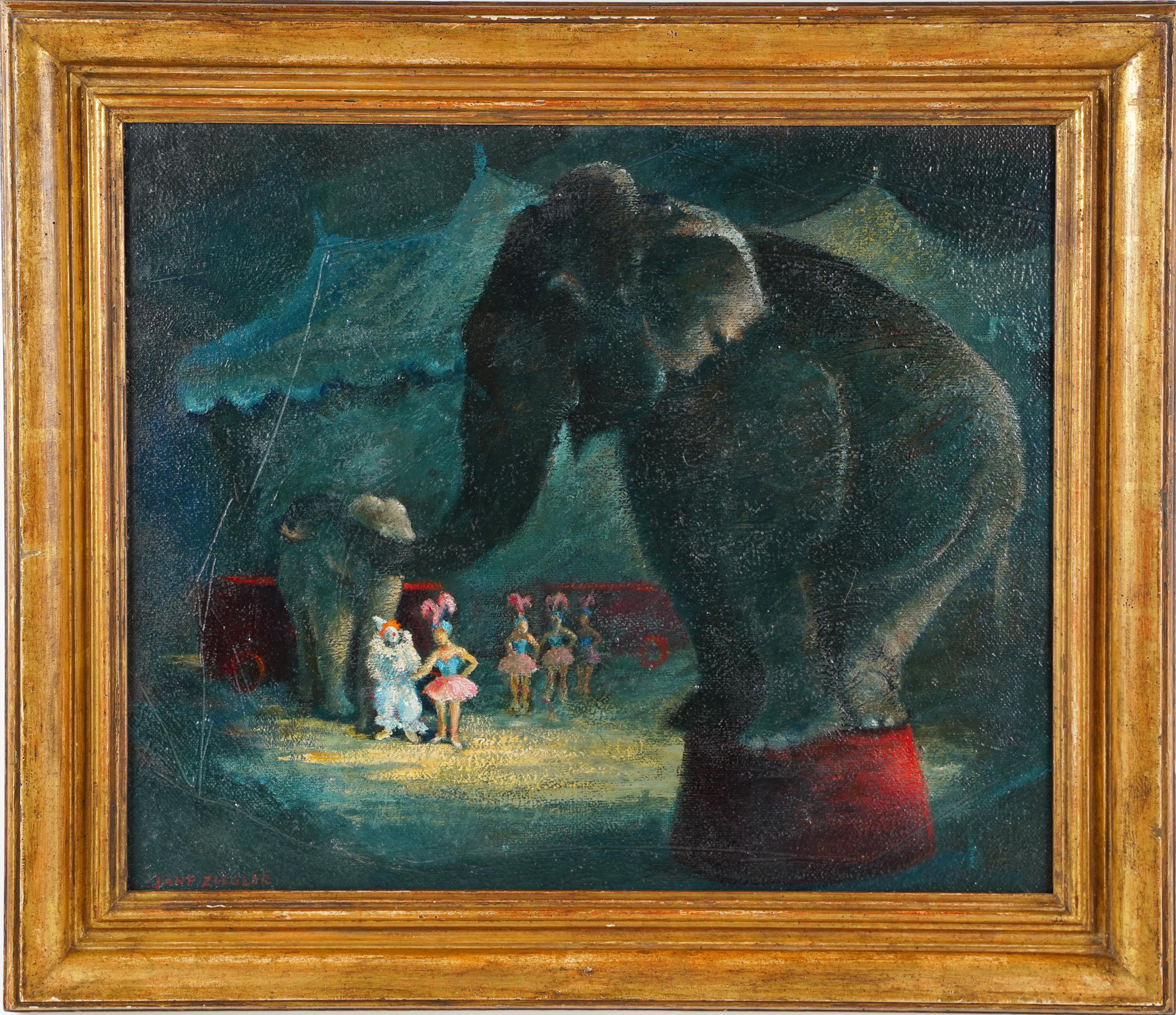 Antique American modernist signed circus oil painting.  Oil on board.  Signed.  Framed.  Image size, 24L x 20H.