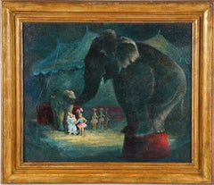 Antique American School Signed Circus Elephant Framed Woman Artist Oil Painting