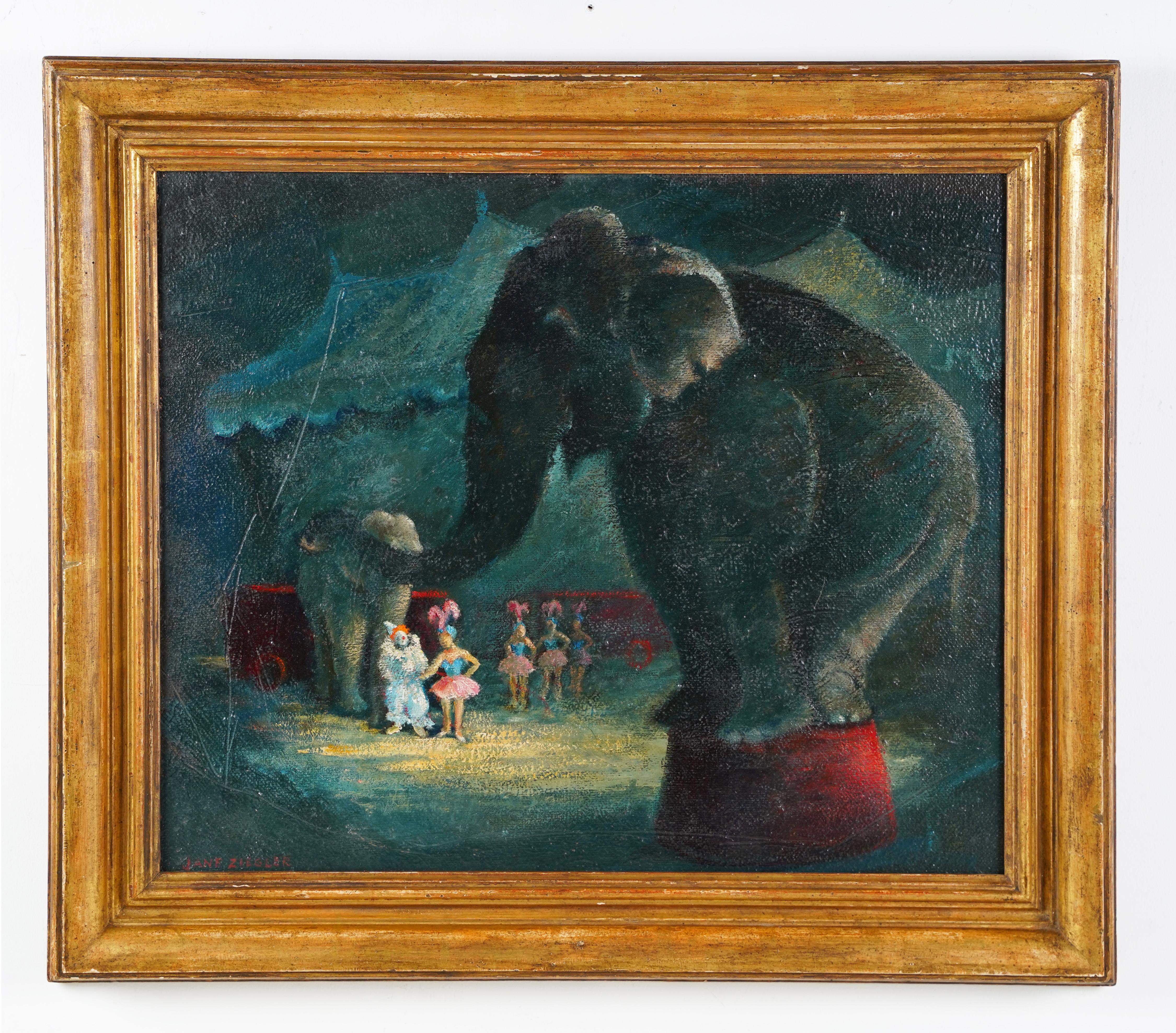  Antique American School Signed Circus Elephant Framed Woman Artist Oil Painting 1
