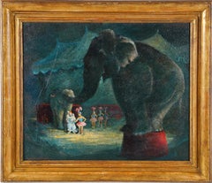  Antique American School Signed Circus Elephant Framed Woman Artist Oil Painting