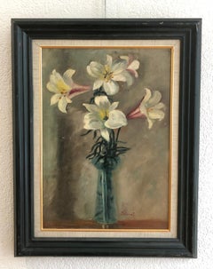 Framed 1930s Realist Oil Painting of Lilies, 50x35.5 cm