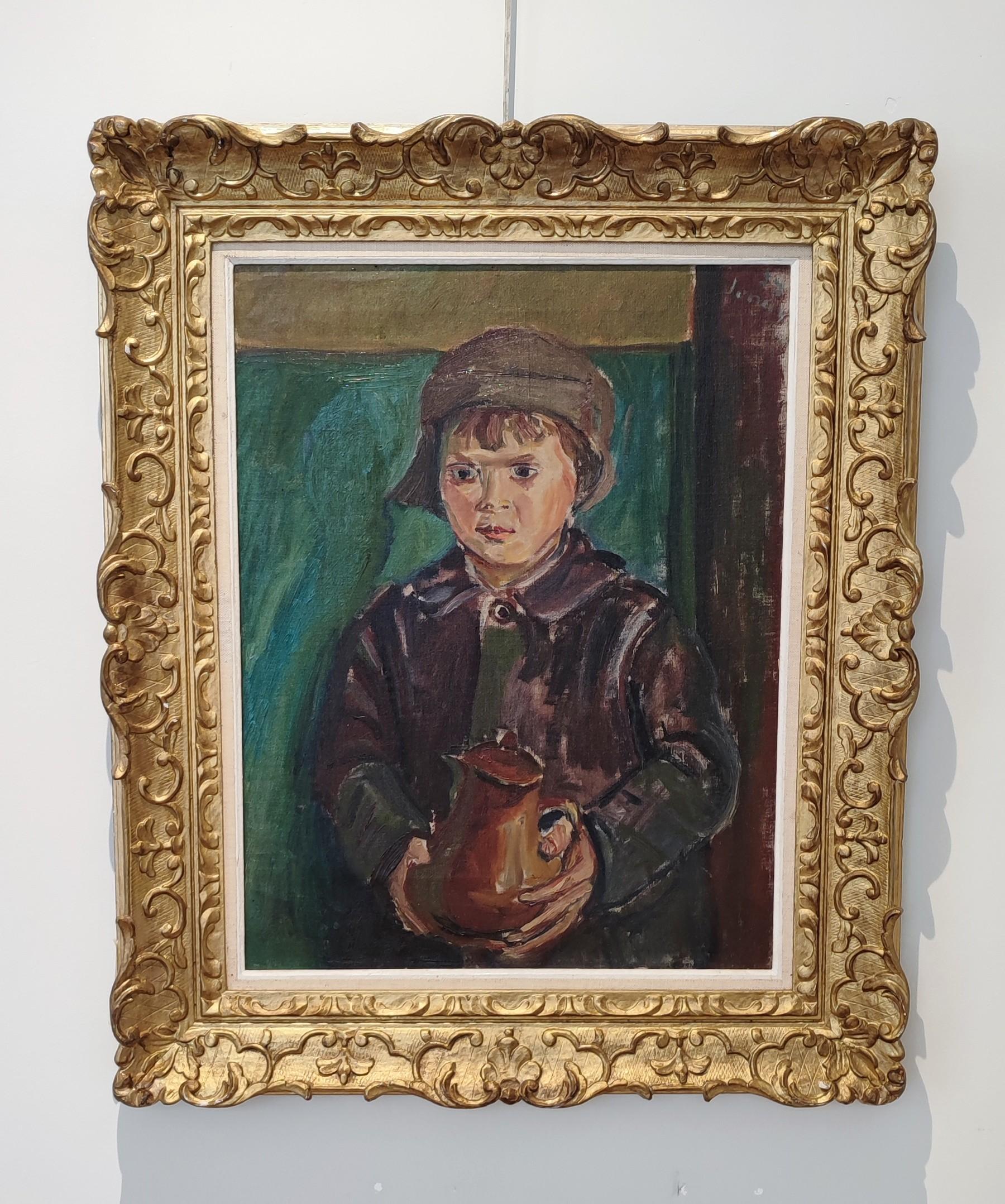 Portrait of a child carrying a carafe - Painting by Janebé