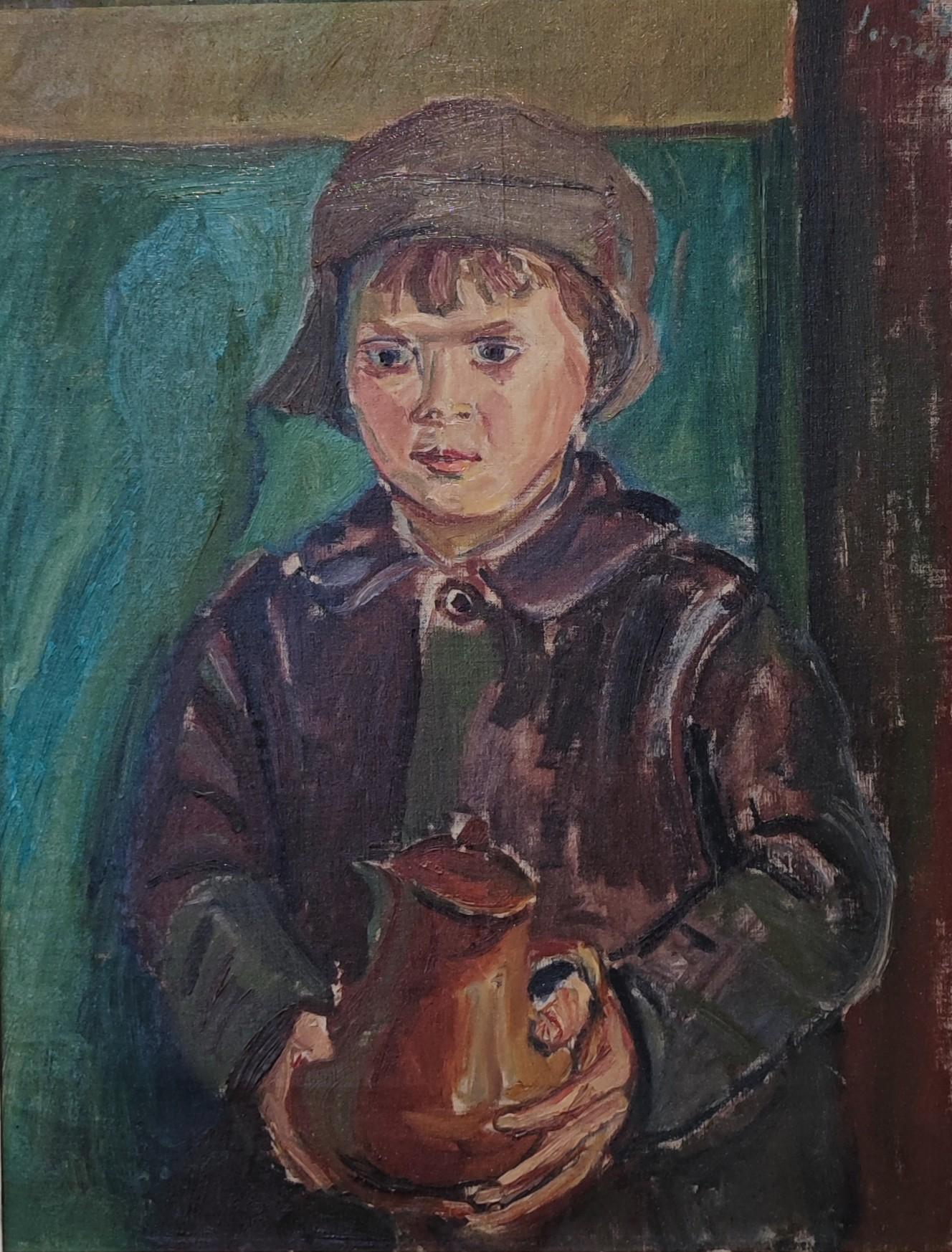 Janebé Figurative Painting - Portrait of a child carrying a carafe
