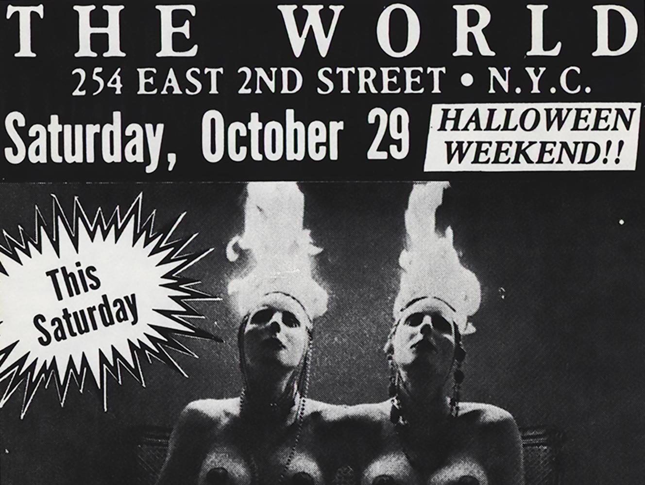 Jane's Addiction at The World Halloween weekend 1988:
Rare vintage original announcement flyer produced on the occasion of a historic 1988 Halloween weekend concert featuring Jane's Addiction; The World 254 East 2nd street New York, New York.