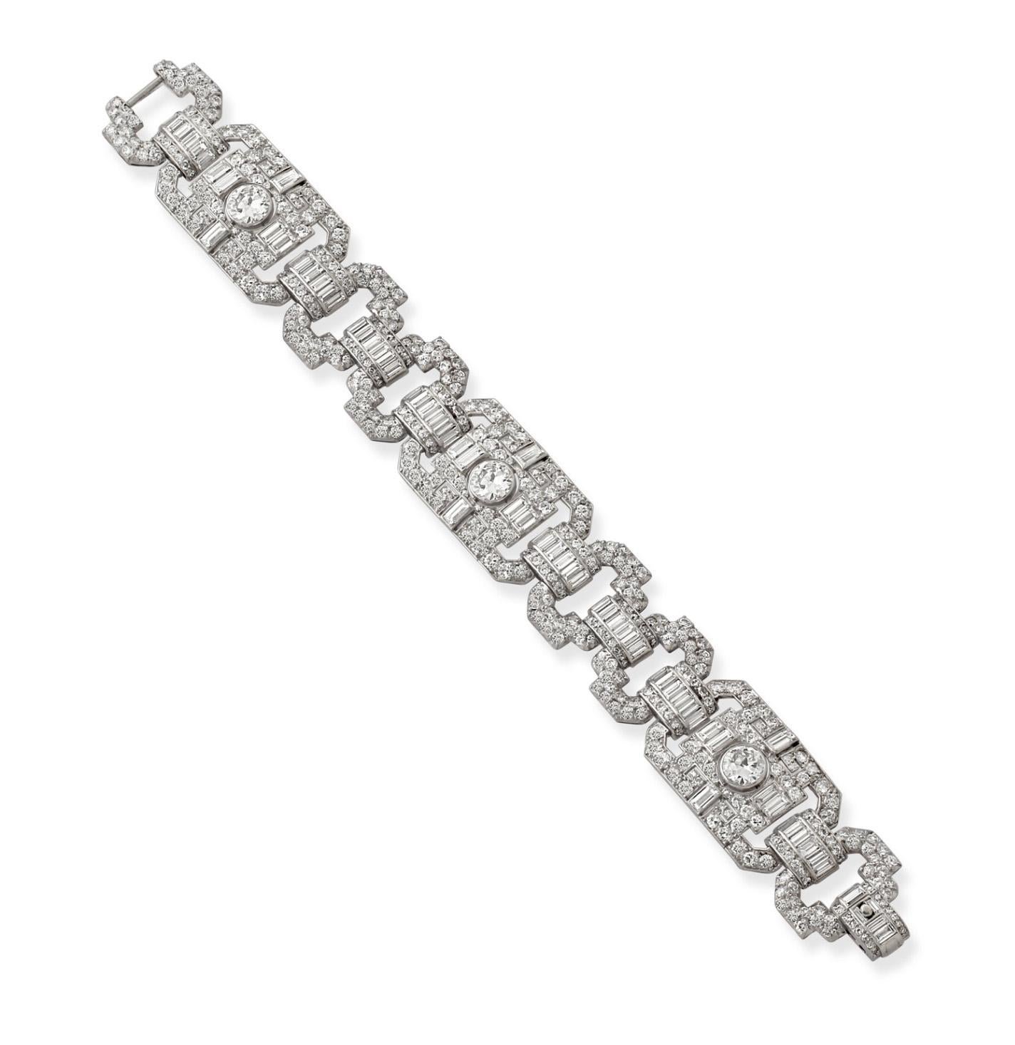 An Art Deco platinum and diamond bracelet by Janesich. The Italian jewellery firm, Janesich, is best known for its Art Deco pieces, but the family firm has roots in Italy, opening their first store in Trieste in 1835.

The bracelet is set with