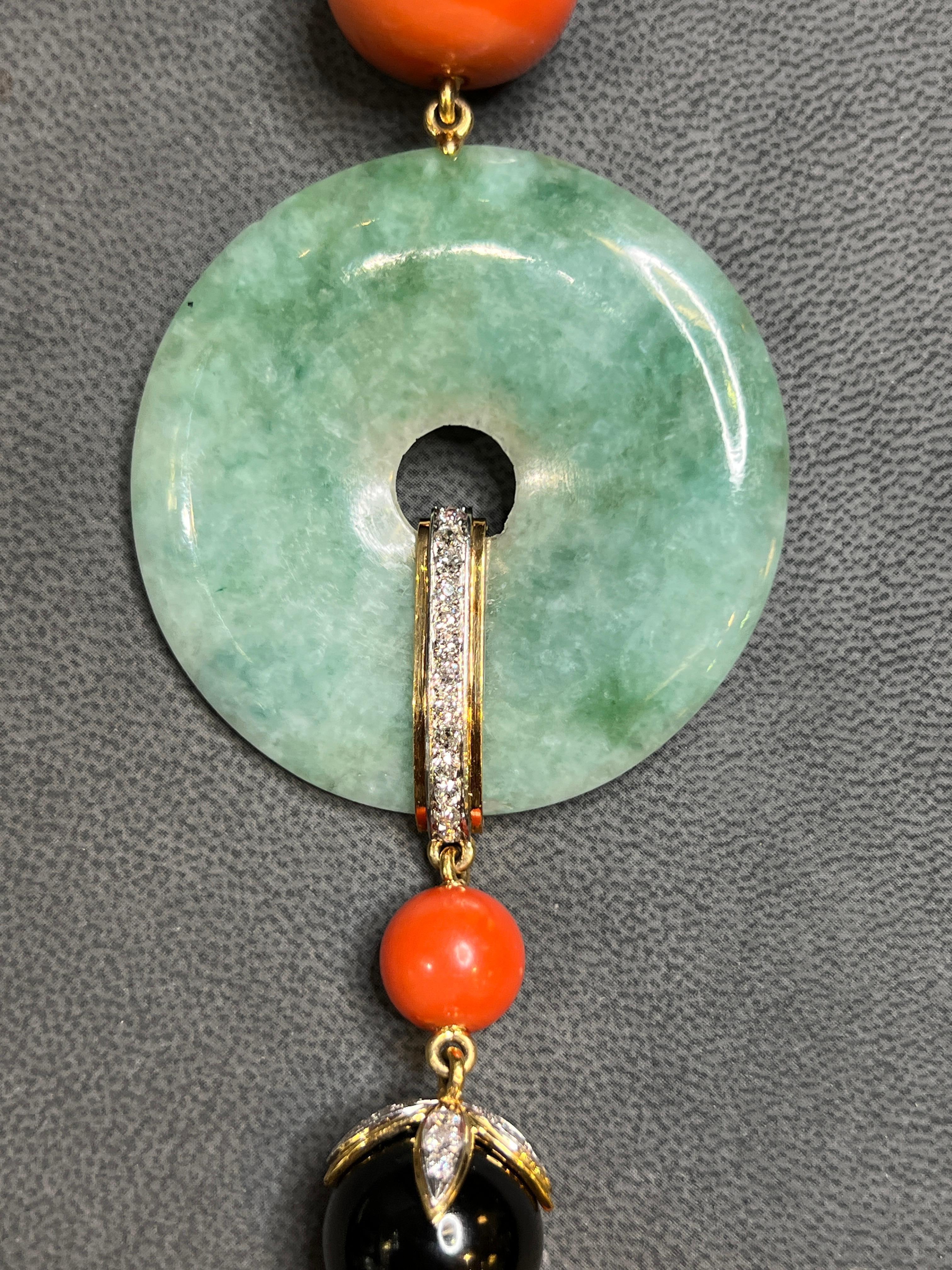 Janesich Coral Onyx & Jade Tassel Necklace For Sale 6