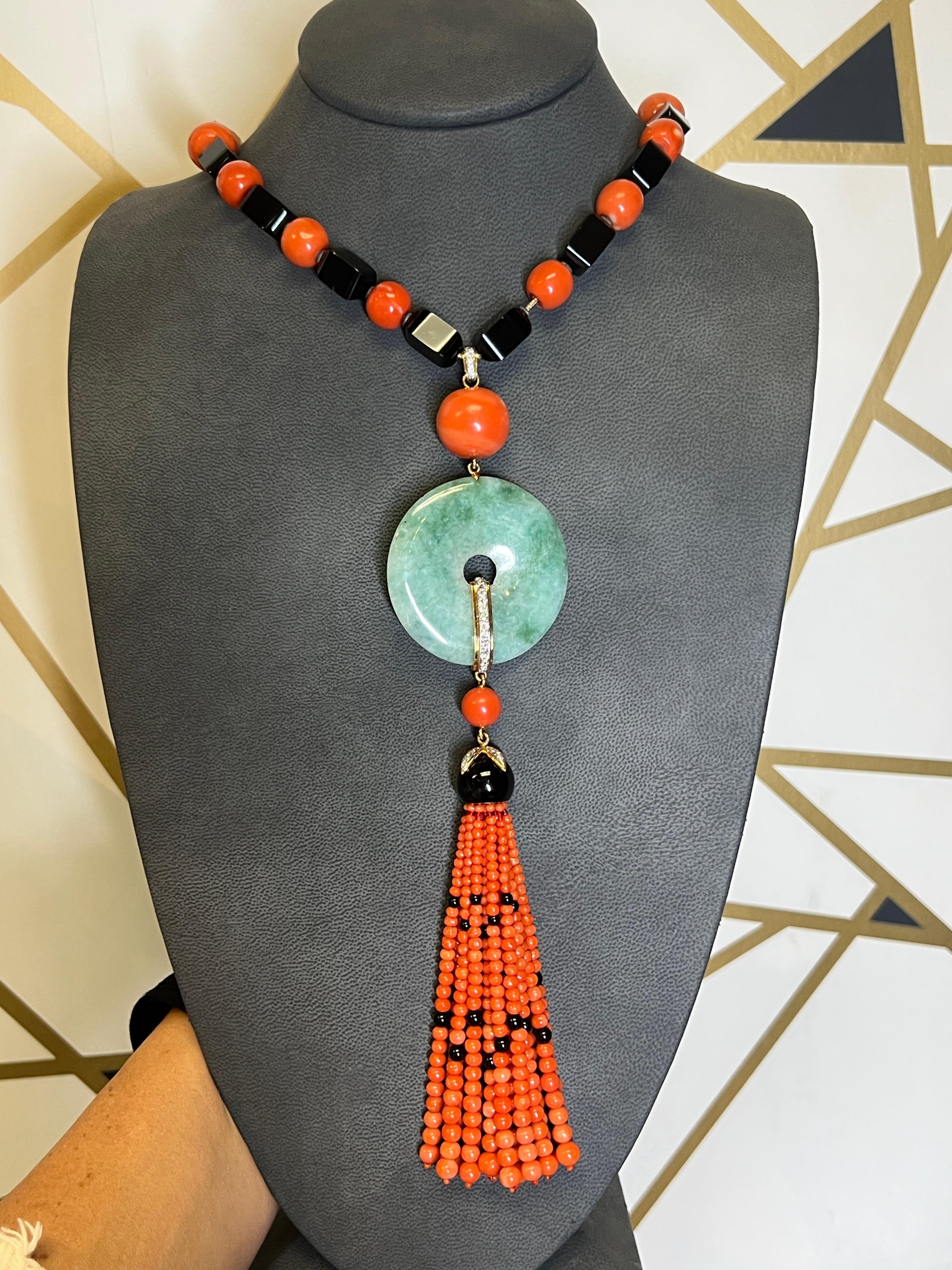 Janesich Coral Onyx & Jade Tassel Necklace For Sale 8