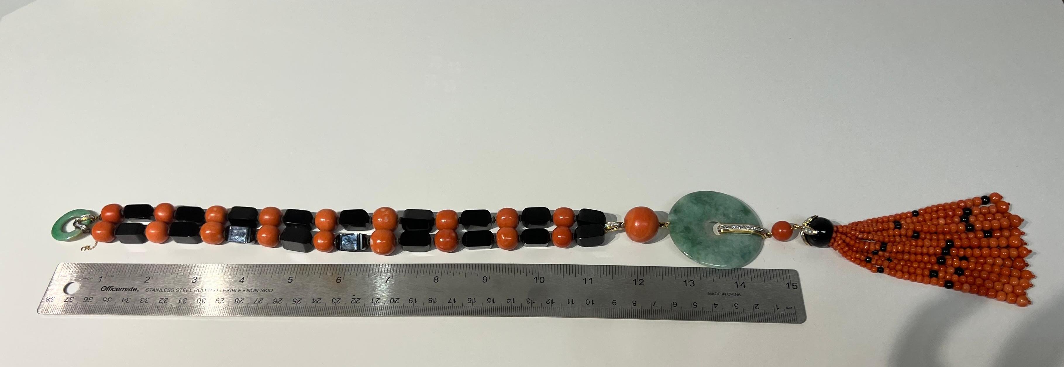 Janesich Coral Onyx & Jade Tassel Necklace For Sale 9