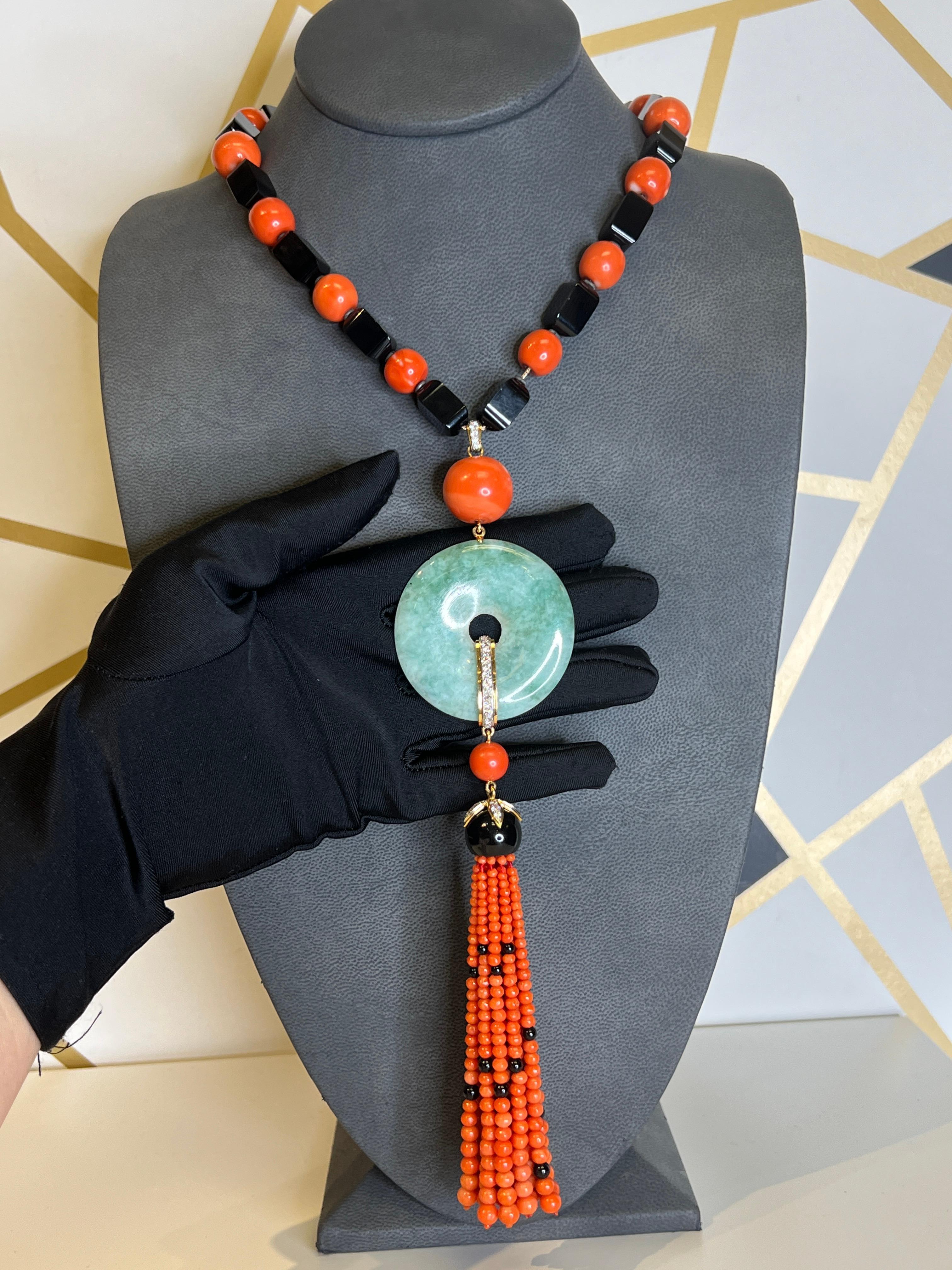 Uncut Janesich Coral Onyx & Jade Tassel Necklace For Sale