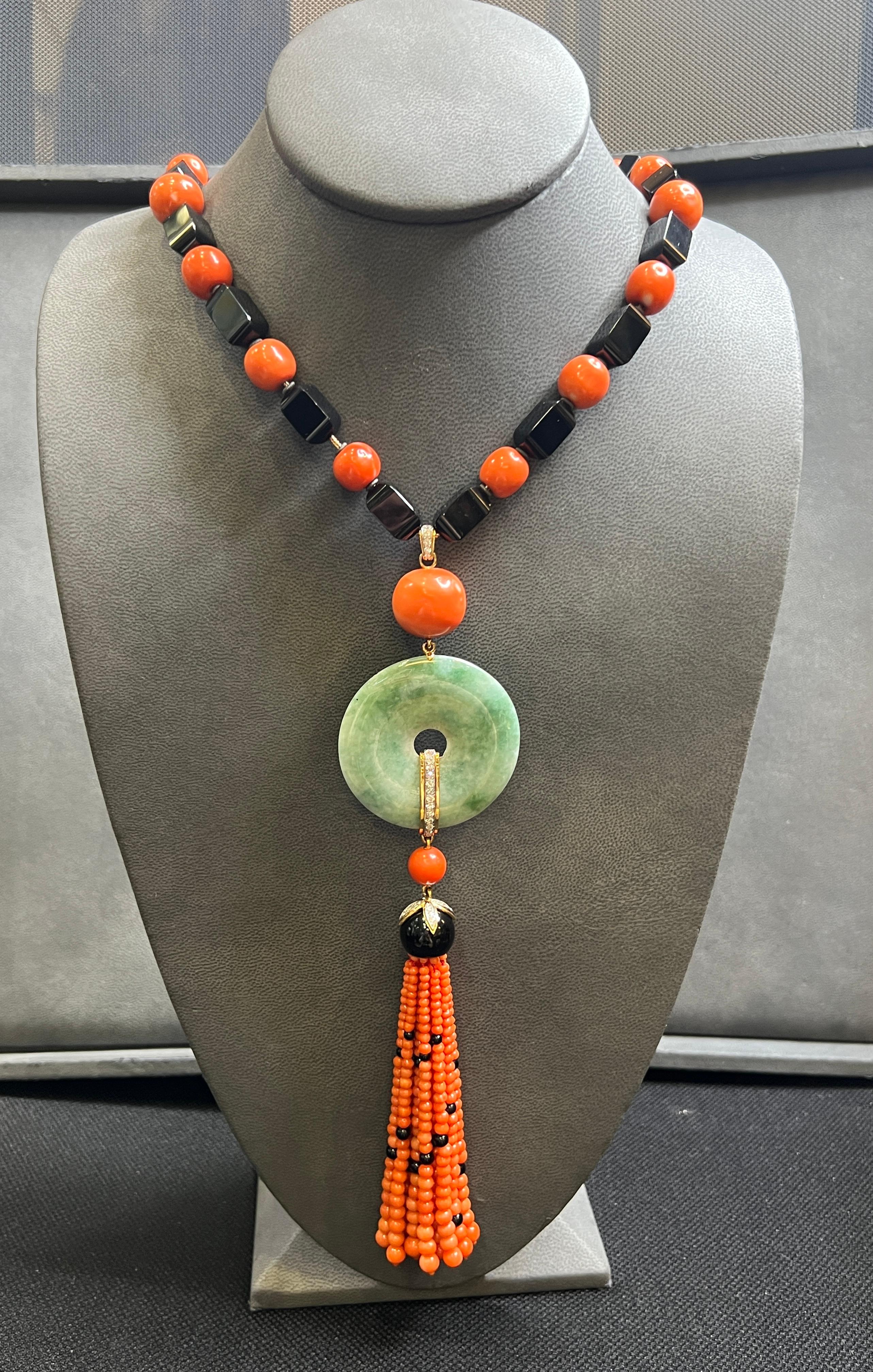 Women's Janesich Coral Onyx & Jade Tassel Necklace For Sale
