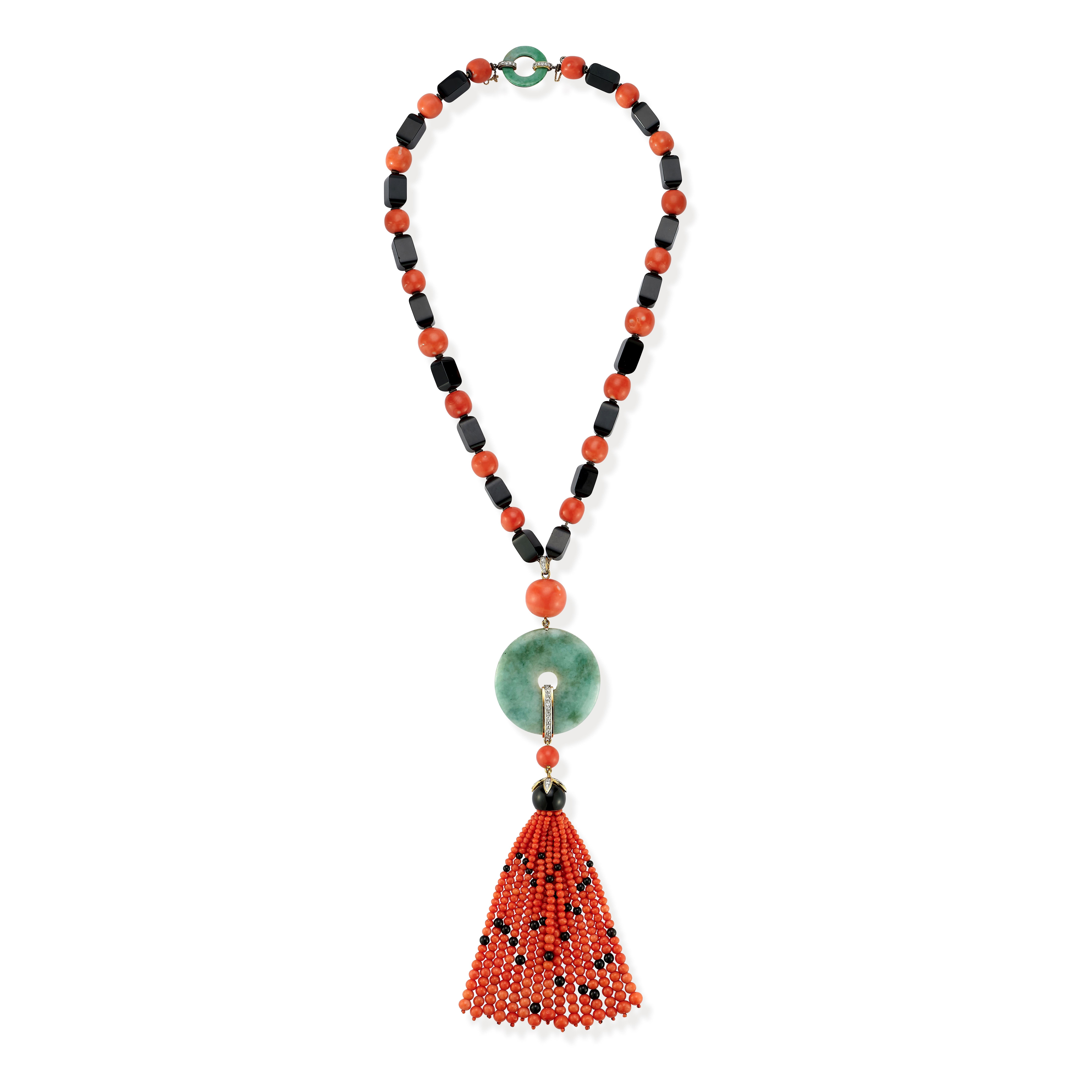 Janesich Coral Onyx & Jade Tassel Necklace For Sale 1