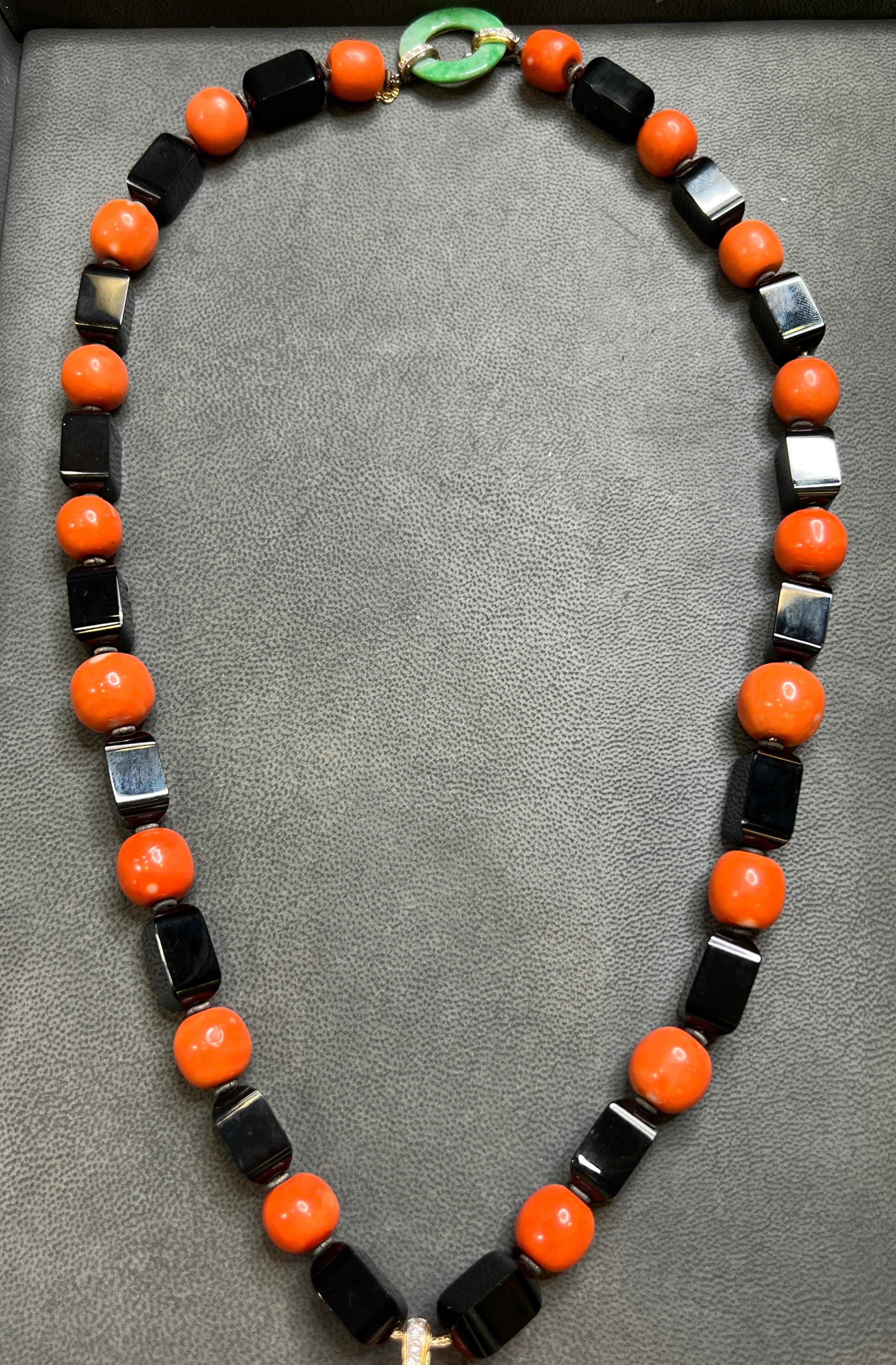 Janesich Coral Onyx & Jade Tassel Necklace For Sale 2