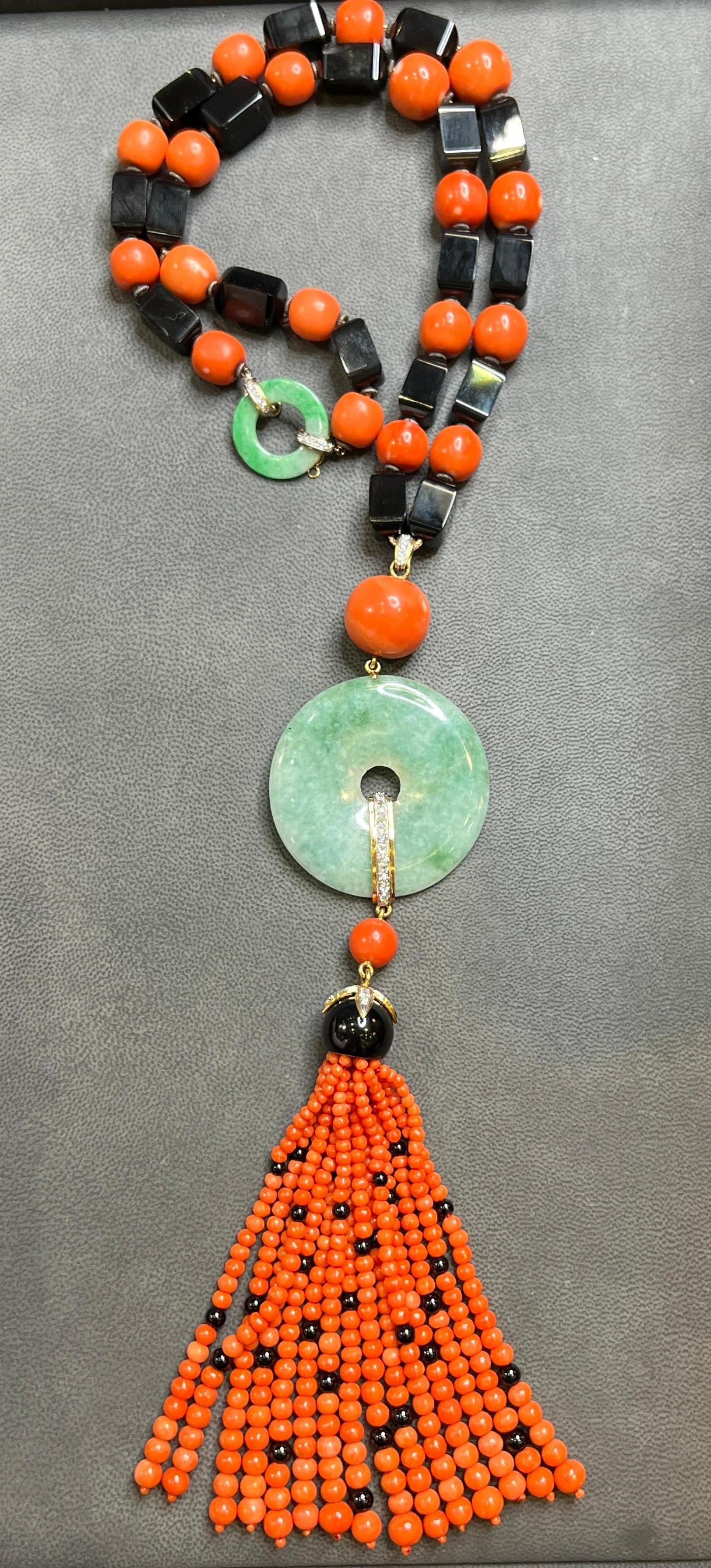 Janesich Coral Onyx & Jade Tassel Necklace For Sale 4