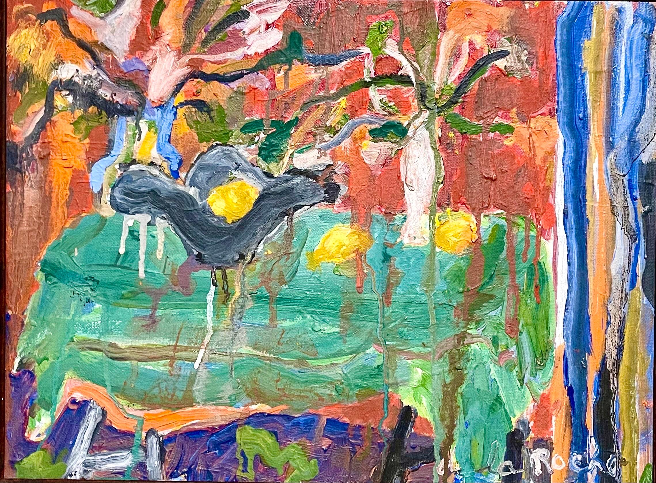 Peinture à l'huile fauviste de Californie Carmel, expressionniste bohème Lemons & Flowers - Fauvisme Painting par Janet Ament De La Roche