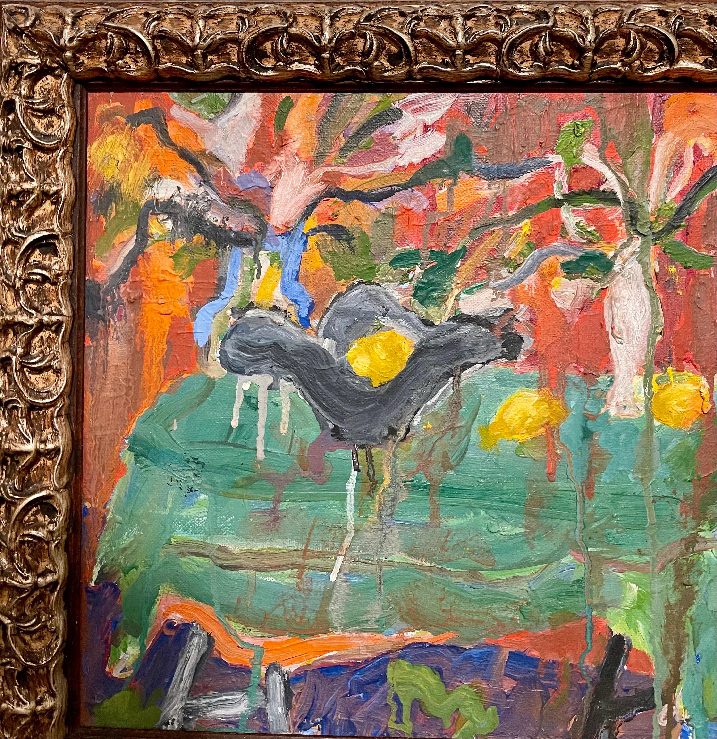 Peinture à l'huile fauviste de Californie Carmel, expressionniste bohème Lemons & Flowers - Gris Abstract Painting par Janet Ament De La Roche