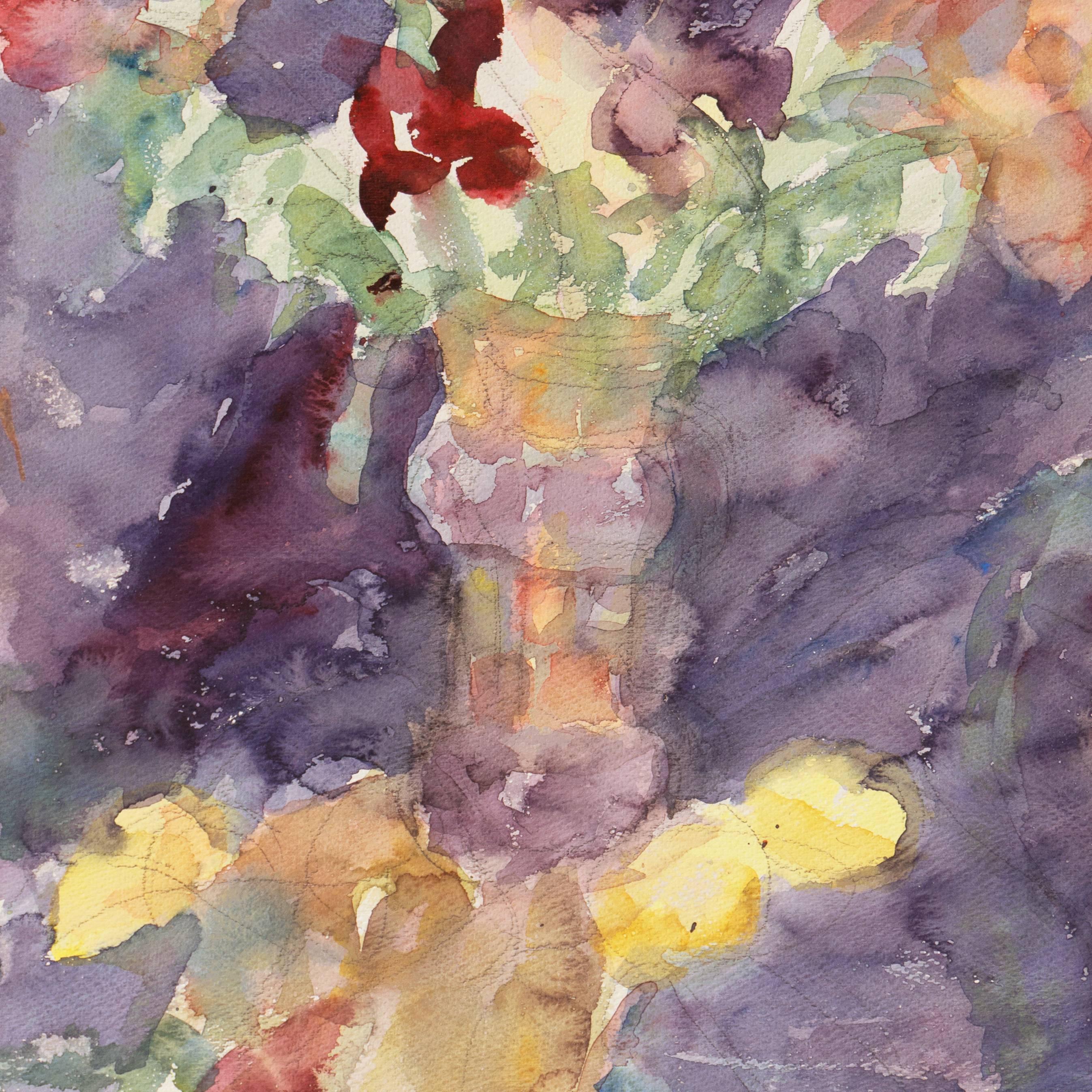 A lyrical watercolor of flowers informally arranged in two vases and contrasted against a lilac and purple background.

Signed lower left and lower right, 'Ament' for Janet Ament De La Roche (American, 1916-2000); additionally stamped verso with