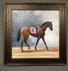 Janet Crawford, «Pink and Bay», retrato ecuestre al óleo sobre lienzo, 20x20