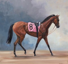 Janet Crawford, «Pink and Bay», retrato ecuestre al óleo sobre lienzo, 20x20