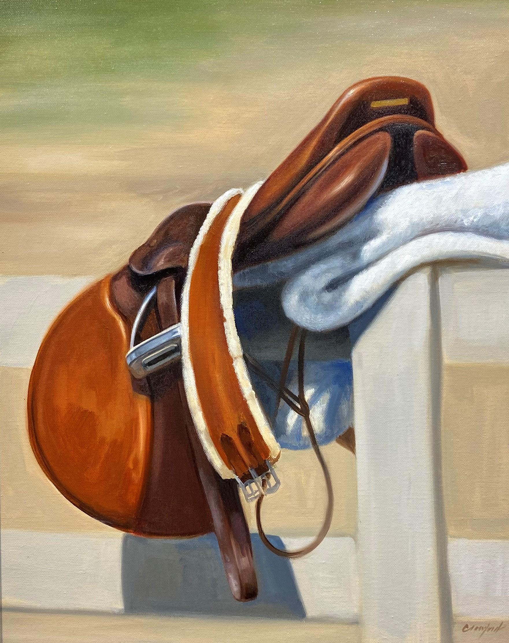 Janet Crawford, „Saddle“, 20x16 Reiterpferd Tack, Ölgemälde auf Leinwand