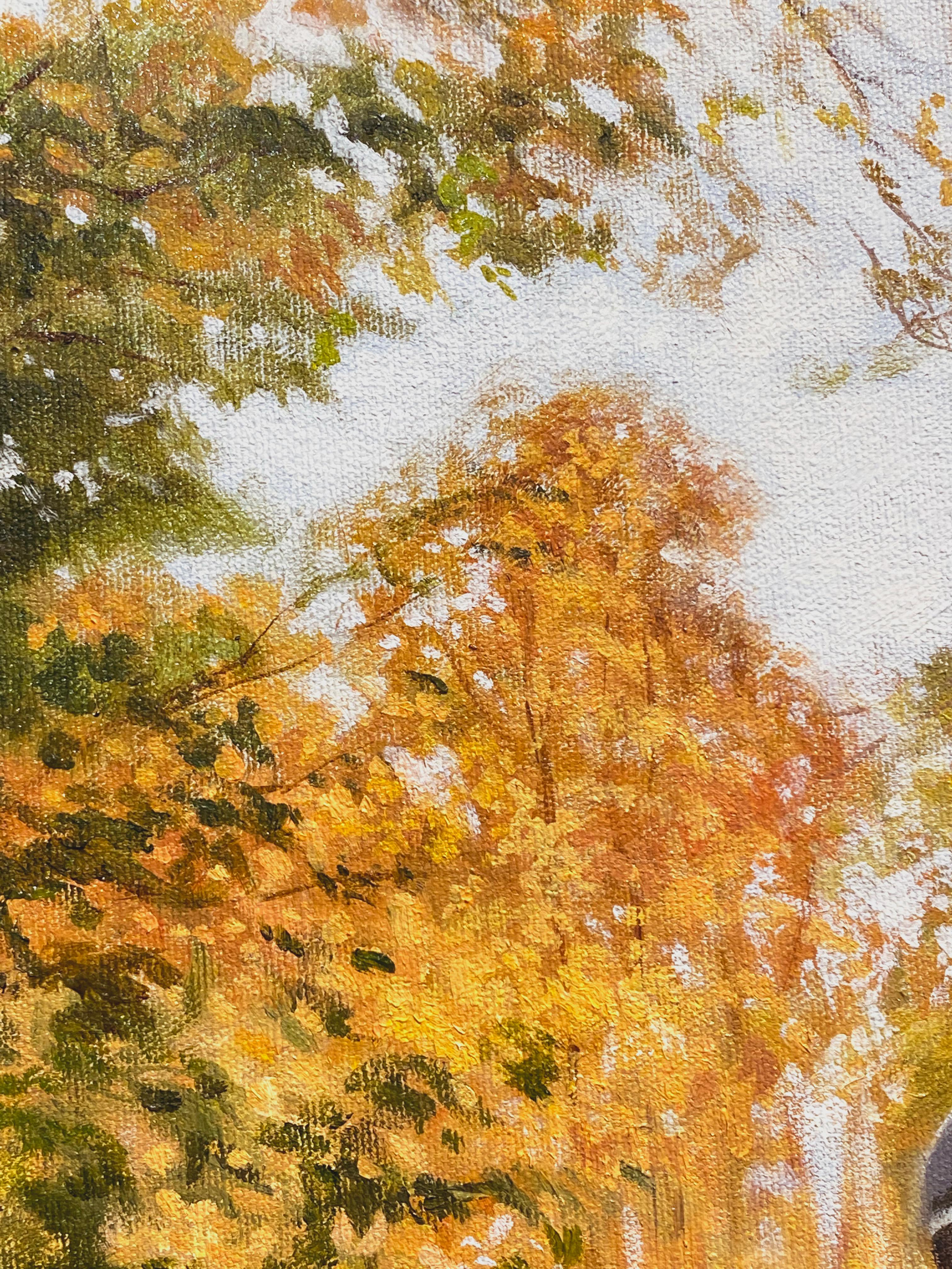 Peinture à l'huile « Shimmering Sunlight » de Janet Crawford, paysage équestre 24x20 en vente 5