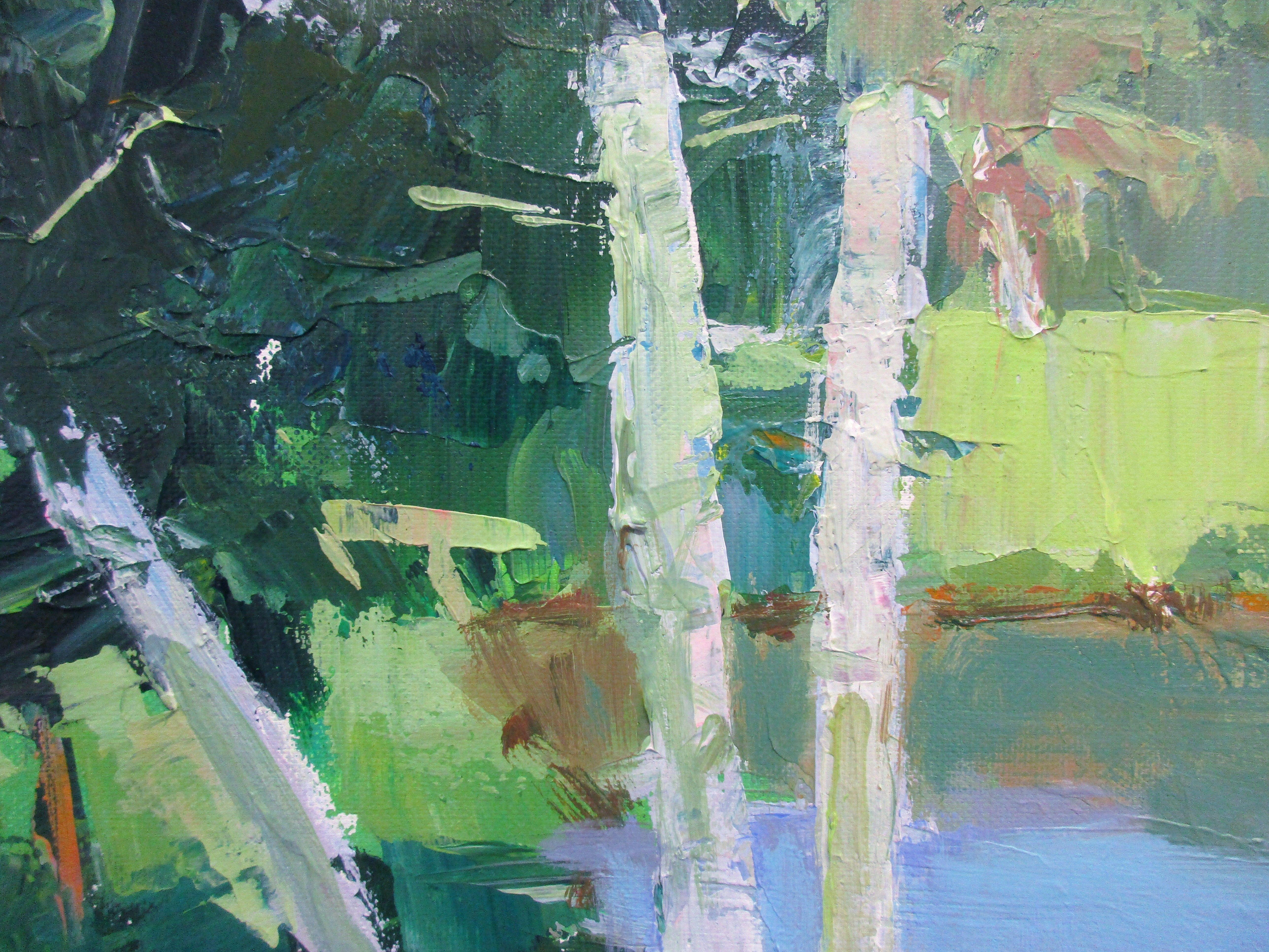 Un boschetto di betulle accanto a uno stagno nella campagna del Vermont :: Pittura :: Contemporanea :: Questo pezzo viene fornito con un certificato ufficiale di autenticità firmato dall'artista :: Pronto da appendere: Yes :: Firmato: Yes ::