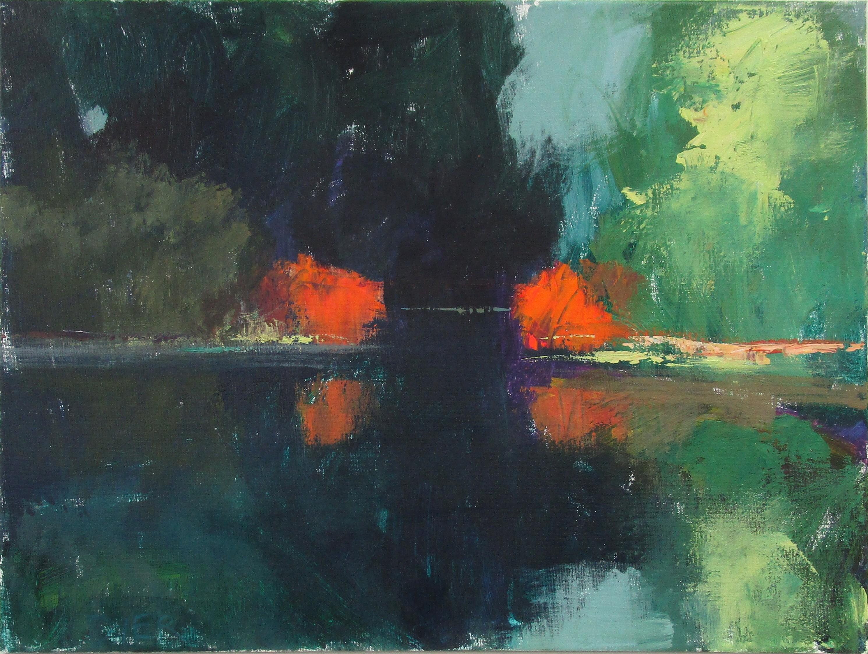 Abstract Painting di Janet Dyer - Cespugli vicino all'insenatura, Pittura astratta