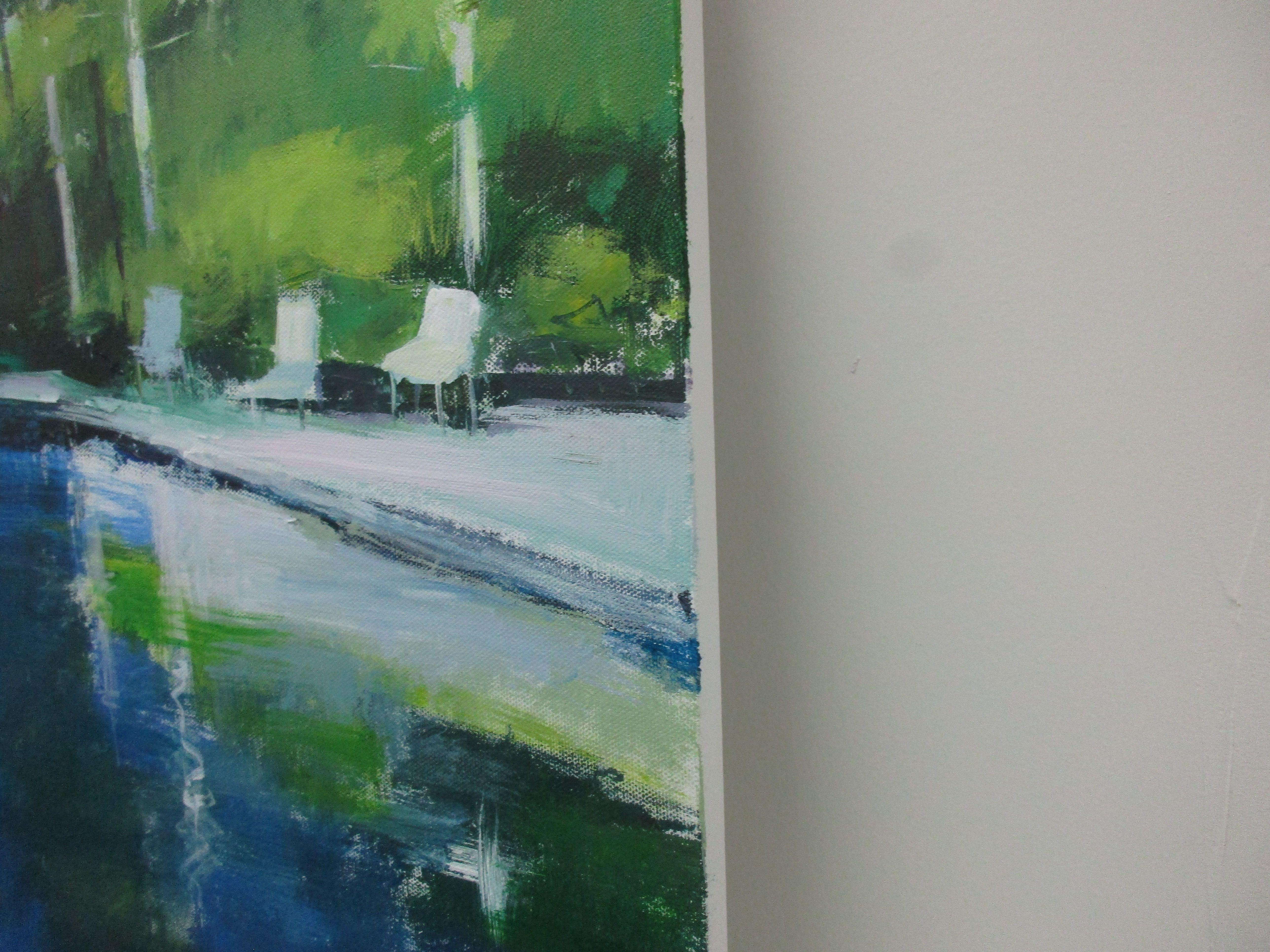 Una scena tranquilla e appartata a bordo piscina :: Pittura :: Contemporanea :: Questo pezzo viene fornito con un certificato ufficiale di autenticità firmato dall'artista :: Pronto da appendere: Yes :: Firmato: Yes :: Posizione della firma: