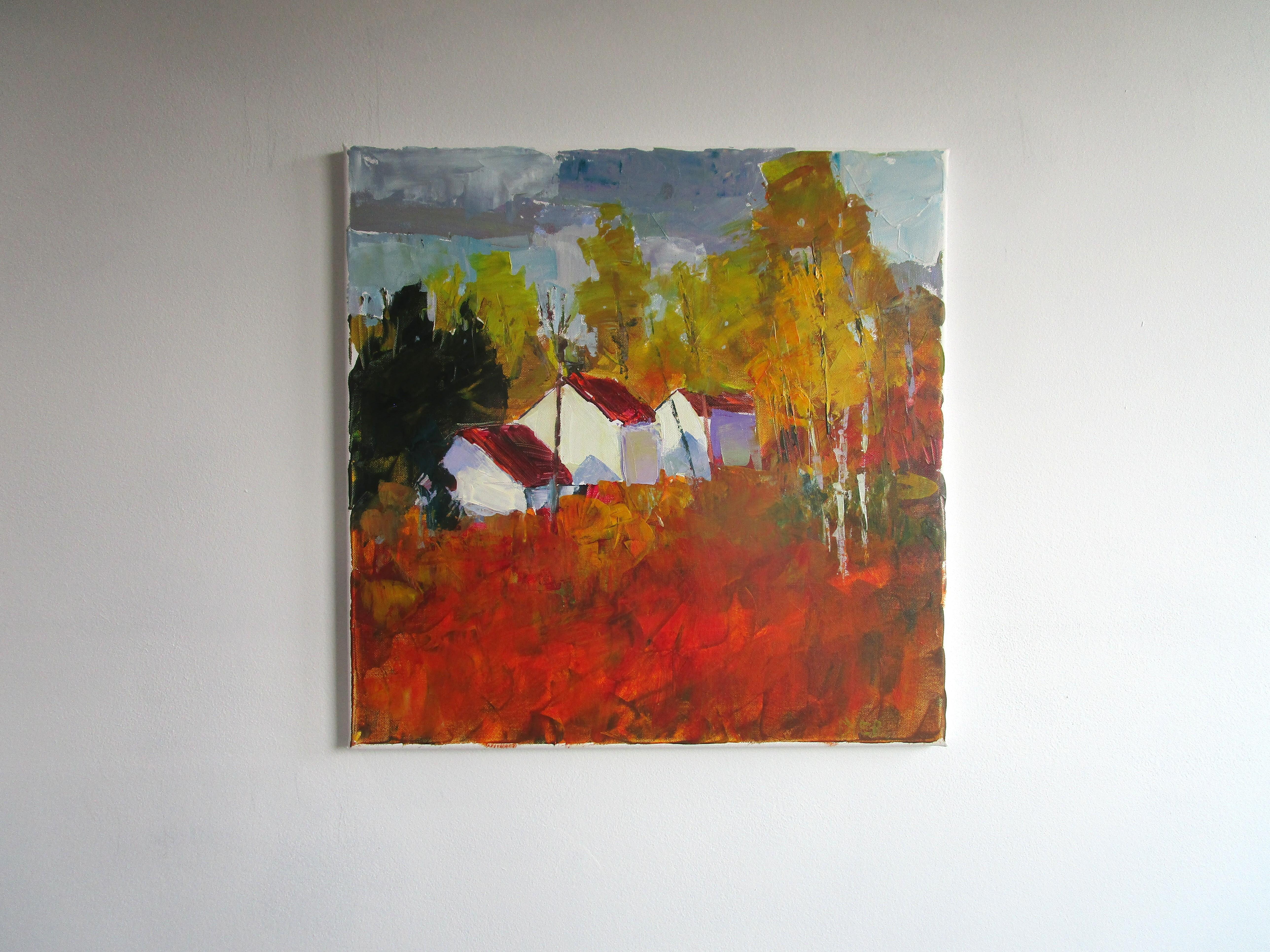 <p>Artist Comments<br>Artist Janet Dyer illustrates a line of suburban houses on a warm autumn day in Mawha Township, New Jersey. Fiery shades of orange and scarlet beautifully dominate the towering trees and extend the entire terrain. 