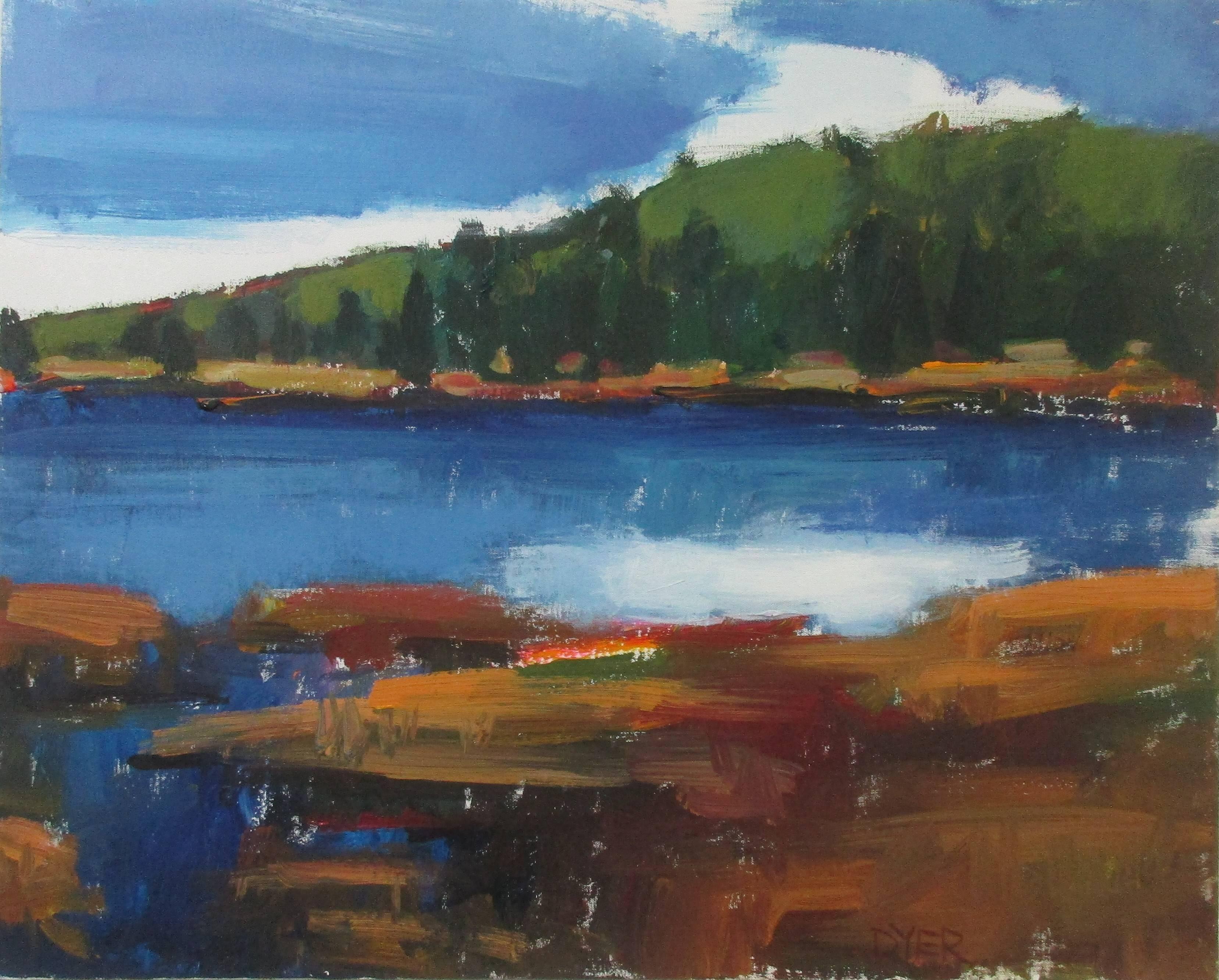 Janet Dyer Landscape Painting - Lake with Blue Sky, Original Painting