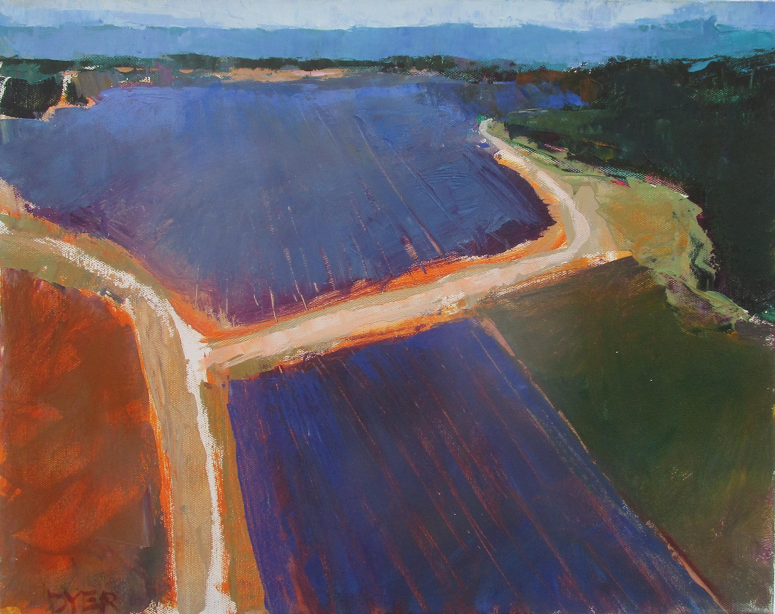 Landscape Painting Janet Dyer - Champs de lavande vus du ciel, peinture abstraite