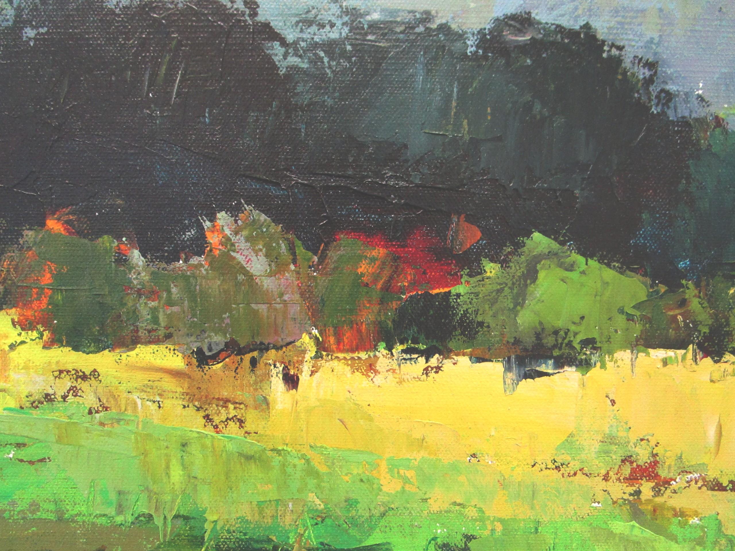 Prato e montagne, Pittura astratta - Abstract Painting Grigio di Janet Dyer