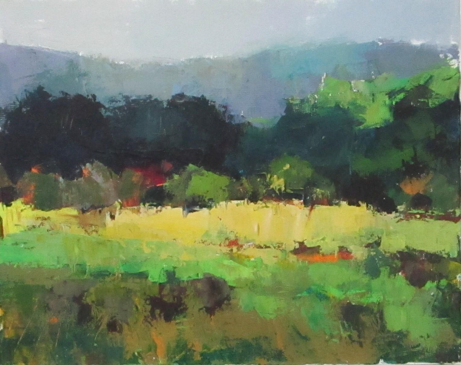 Abstract Painting di Janet Dyer - Prato e montagne, Pittura astratta