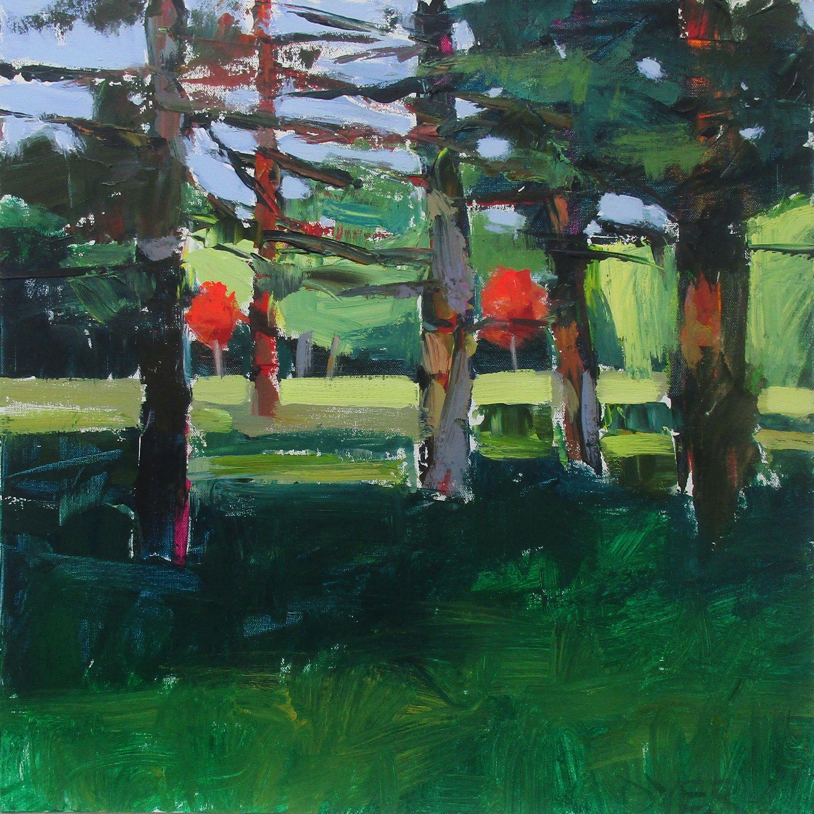Summery colors, scene of monastery grounds :: Painting :: Expressionism :: This piece comes with an official certificate of authenticity signed by the artist :: Ready to Hang: Yes :: Signed: Yes :: Signature Location: front :: Canvas :: Diagonal ::