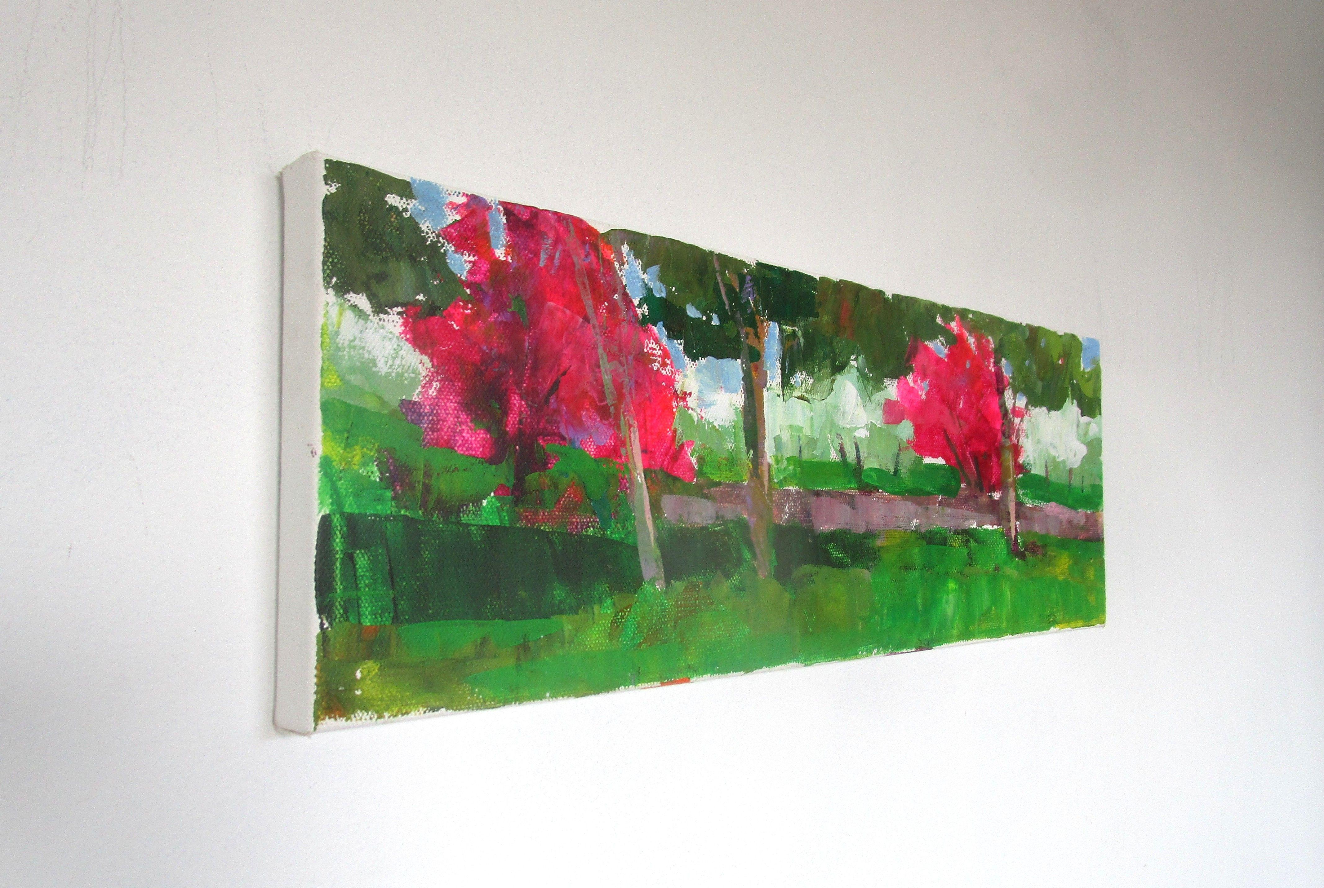 Rosa Bäume und Wand, Gemälde, Acryl auf Leinwand (Zeitgenössisch), Painting, von Janet Dyer