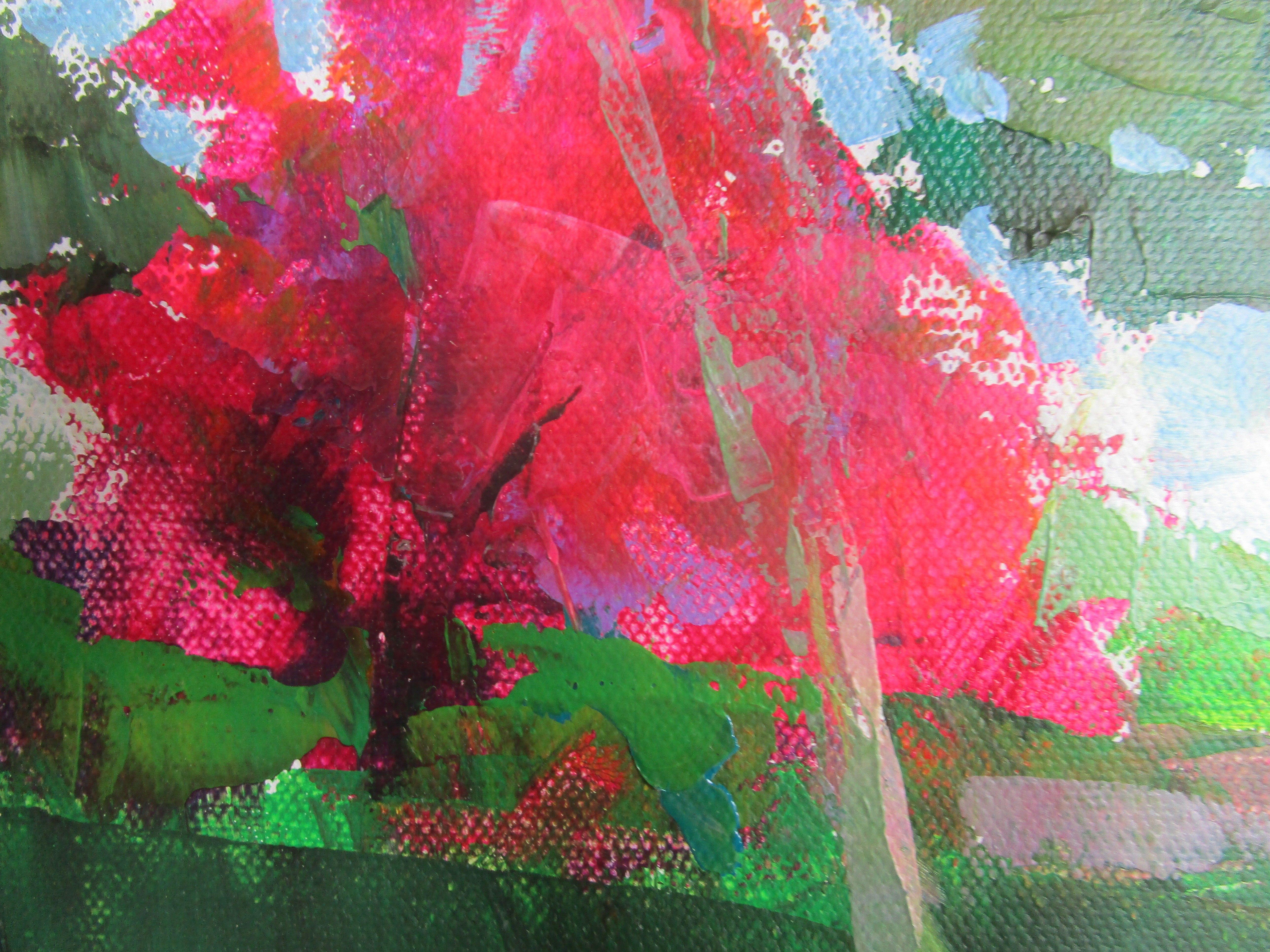 Landschaft mit leuchtend rosa Bäumen auf grünem Rasen.  :: Malerei :: Contemporary :: Dieses Werk wird mit einem offiziellen, vom Künstler unterzeichneten Echtheitszertifikat geliefert :: Bereit zum Aufhängen: Ja :: Signiert: Ja :: Signatur Ort: