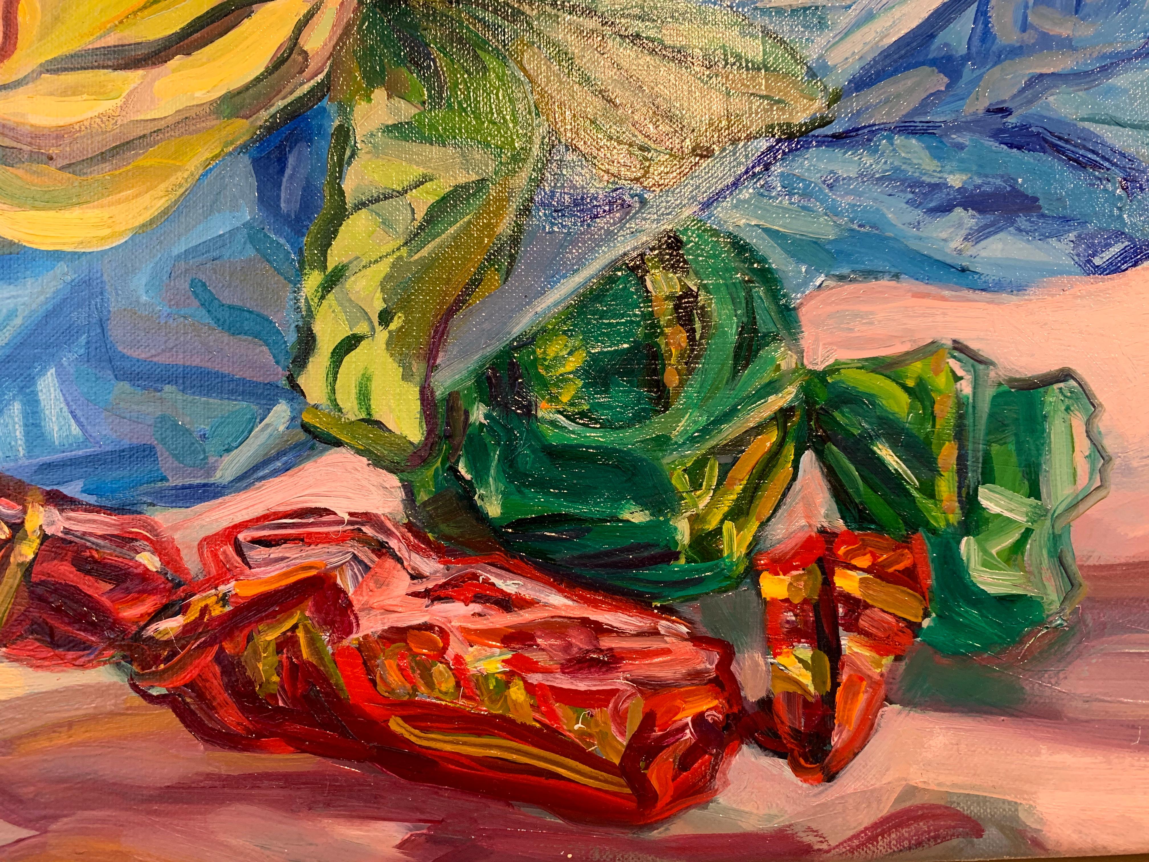 Janet Fish, Rosas y mandarinas, bodegón impresionista pintado al óleo, 2002 en venta 3