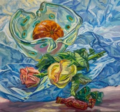 Janet Fish, Roses and Tangerines, impressionist still life oil painting, 2002