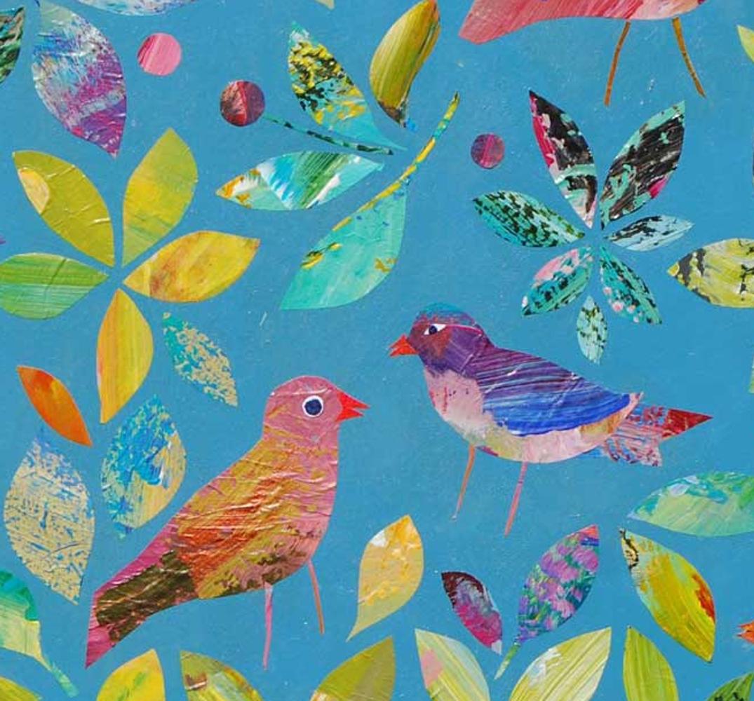 Birds in the Blue - Mixed Media on Board - Painting by Janet Gough