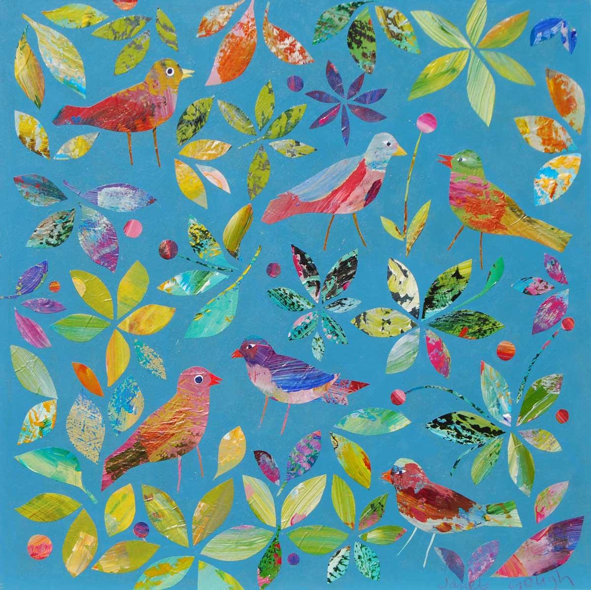 Janet Gough Animal Painting - Birds in the Blue - Mixed Media on Board