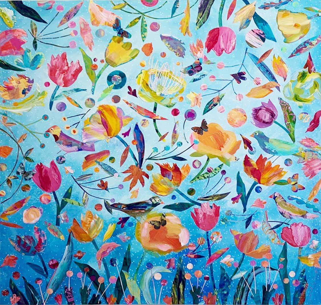 Janet Gough Landscape Painting - Dance of the Butterflies- Colourful Mixed Media