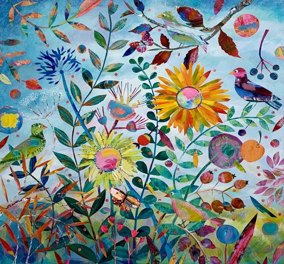Dreams of Birds and Flowers- Colourful Mixed Media - Painting by Janet Gough