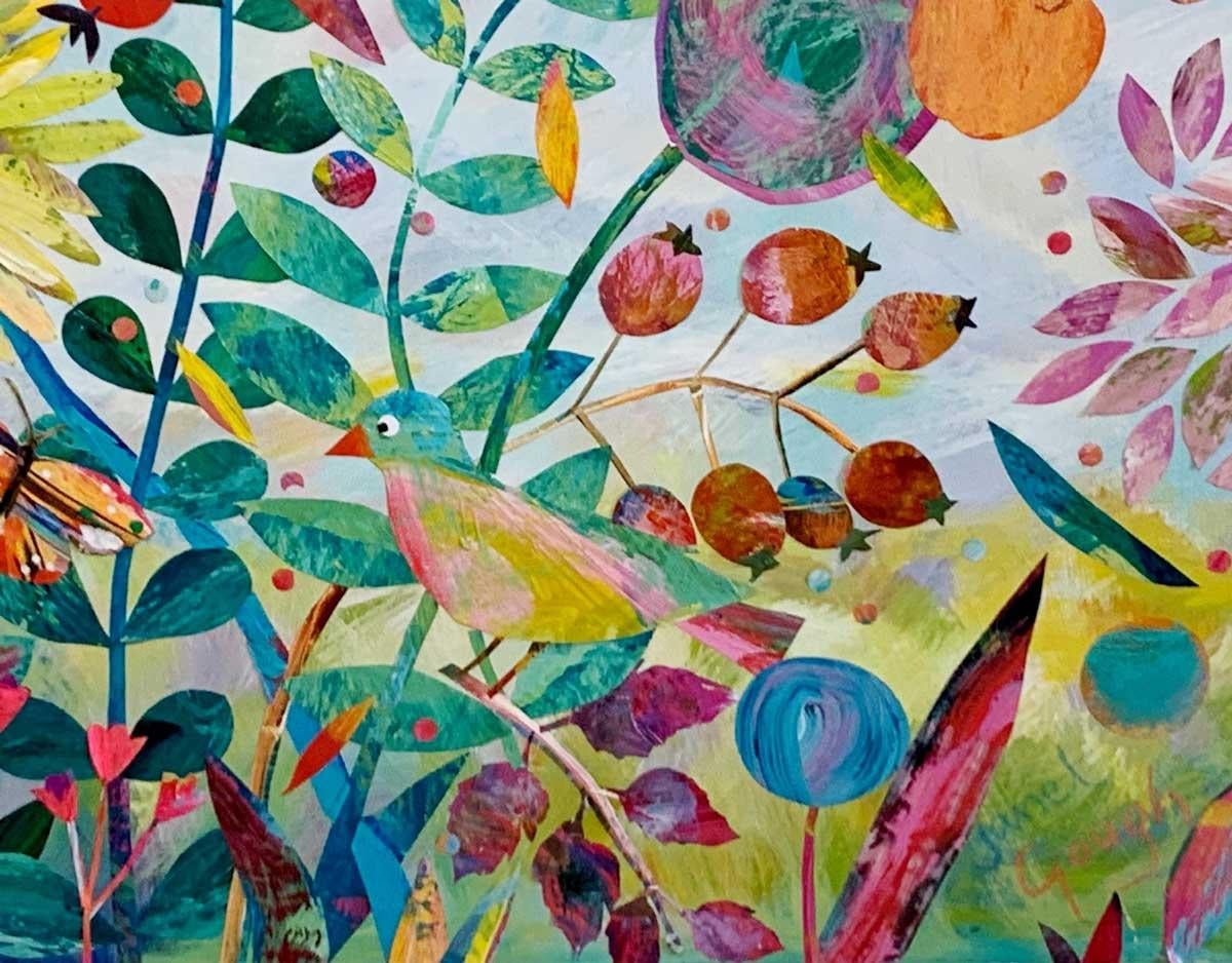 Dreams of Birds and Flowers- Colourful Mixed Media - Contemporary Painting by Janet Gough