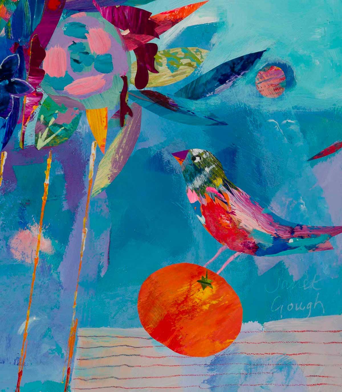 Little Bird and Orange- Colourful Mixed Media - Painting by Janet Gough