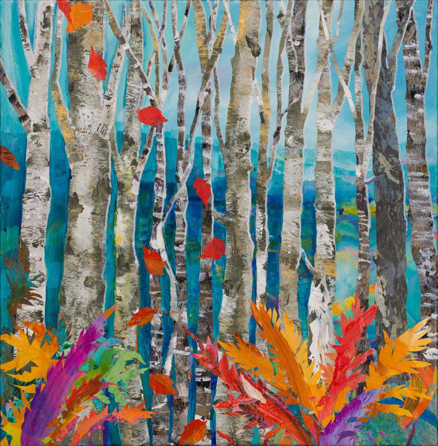 Janet Gough Landscape Painting - Meeting Klimt in the Silver Birches Again- Colourful Mixed Media