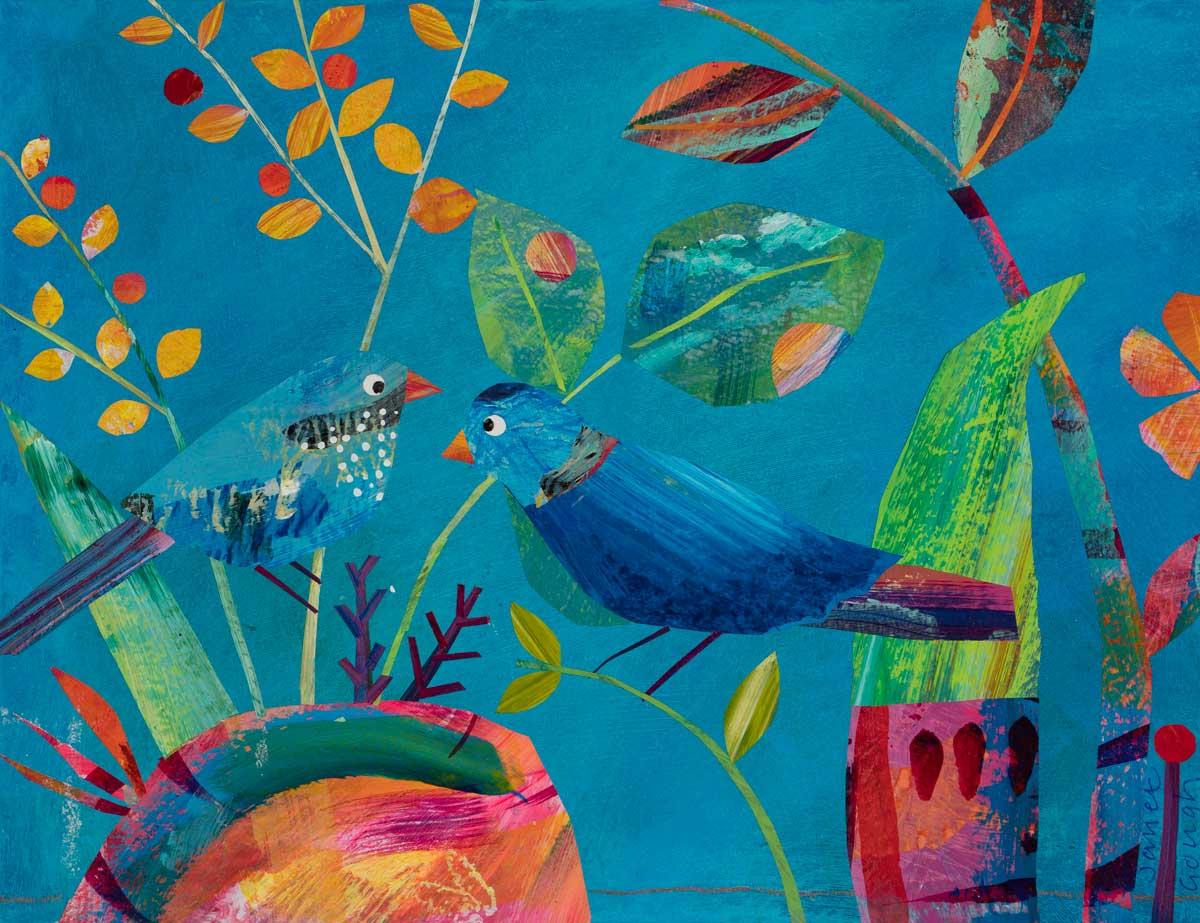 Two Bluebirds - Colourful Mixed Media / Mounted & Framed